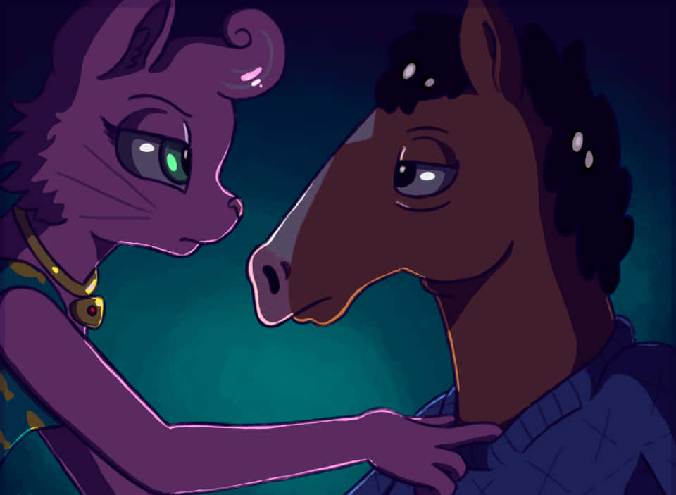 BoJack Horseman系列中的個人掙扎 壁紙 — 一隻紫色貓狀生物，綠色眼睛，在昏暗的藍綠色場景中輕輕觸碰棕色馬的肩膀。