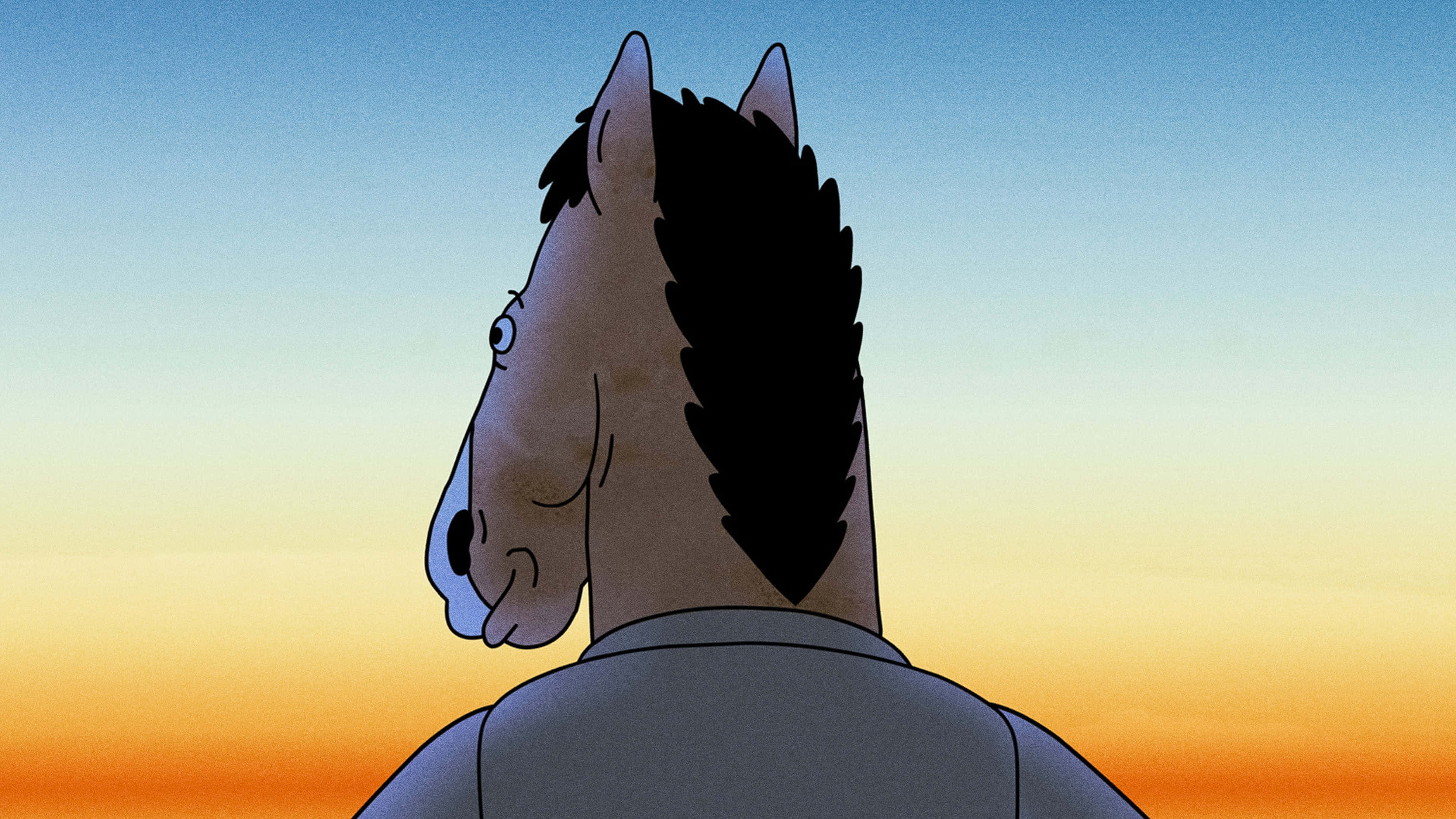 BoJack Horseman與自己的心魔對峙 壁紙 — 一隻穿著西裝的卡通馬若有所思地凝視著充滿活力的日落天空。
