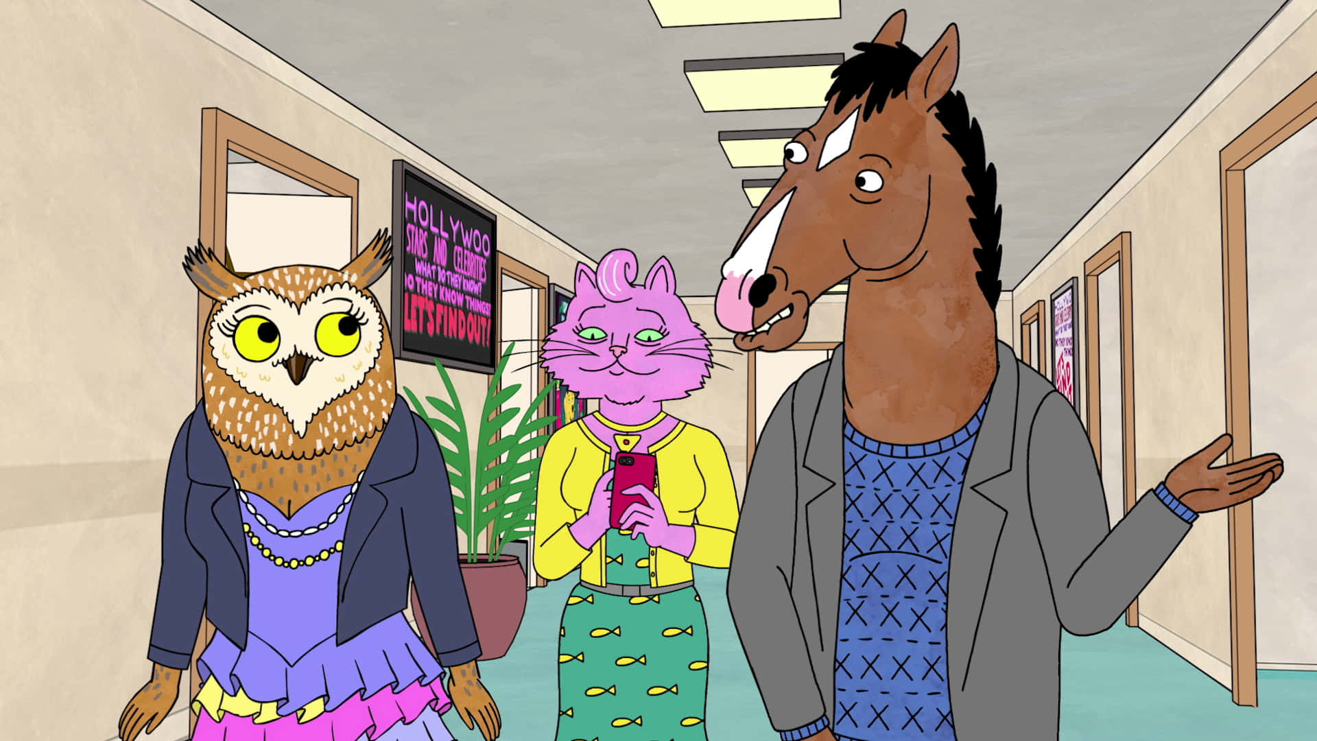BoJack Horseman處於沉思狀態 壁紙 — 三隻擬人化動物在走廊上，有「荷里活」標誌和盆栽植物。
