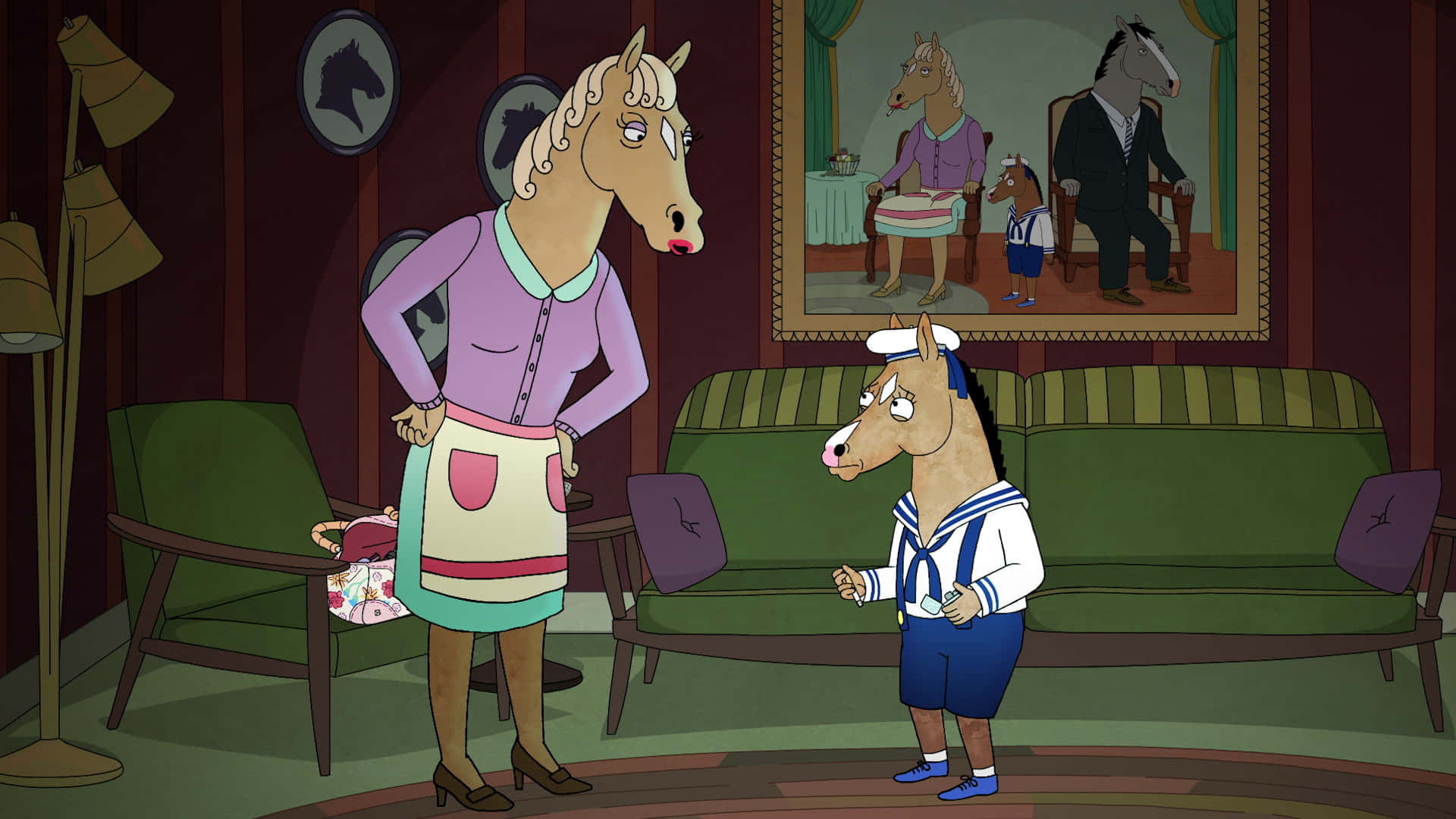 BoJack Horseman踏上個人成長之旅 壁紙 — 卡通馬媽媽穿著紫色開襟毛衣，在裝飾華麗的客廳裡責罵穿著海軍制服的兒子。