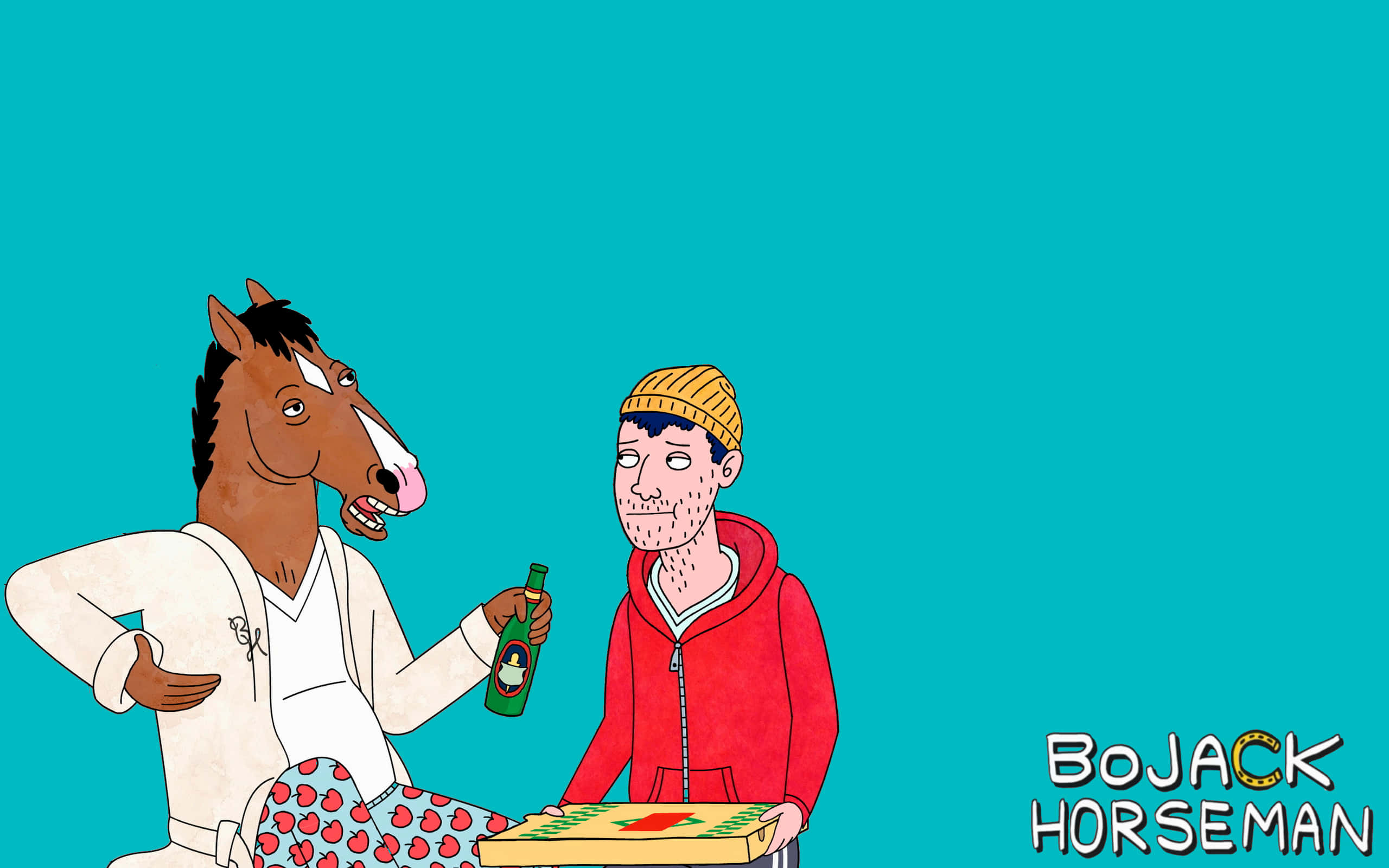 BoJack Horseman身著標誌性藍色造型 壁紙 — 一隻穿著睡衣的卡通馬向一個穿著紅色連帽衫、拿著薄餅的男人遞上一杯啤酒，背景是純青色。