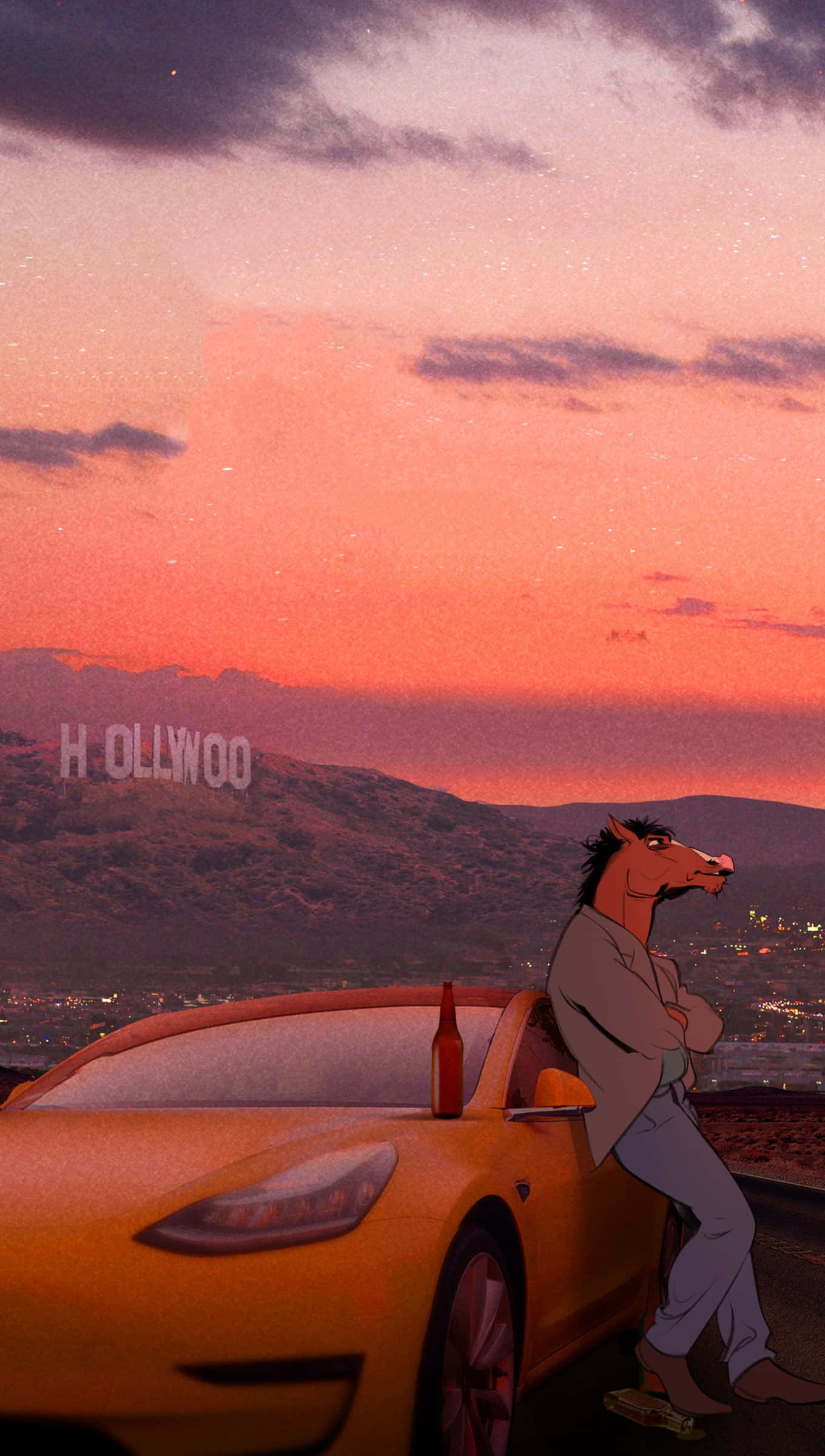 BoJack Horseman飛翔於天空 壁紙 — 一隻穿著西裝的卡通馬靠著一輛黃色特斯拉，手持啤酒瓶，荷里活標誌在火紅的夕陽天空下閃耀。
