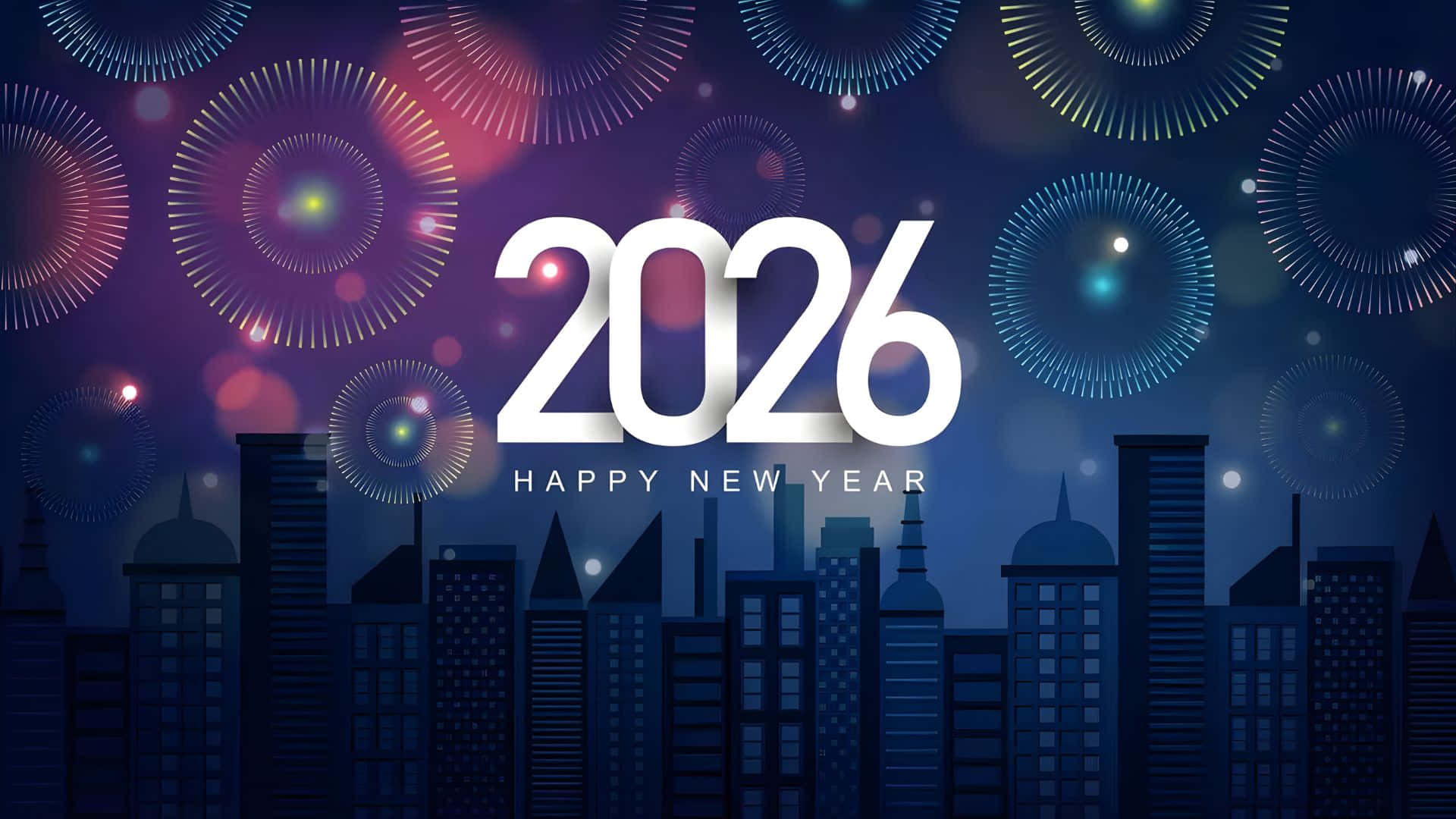  壁紙 — 粗體2026文字在黑暗的城市天際線上方發光，彩色圓形煙火在夜空中綻放。
