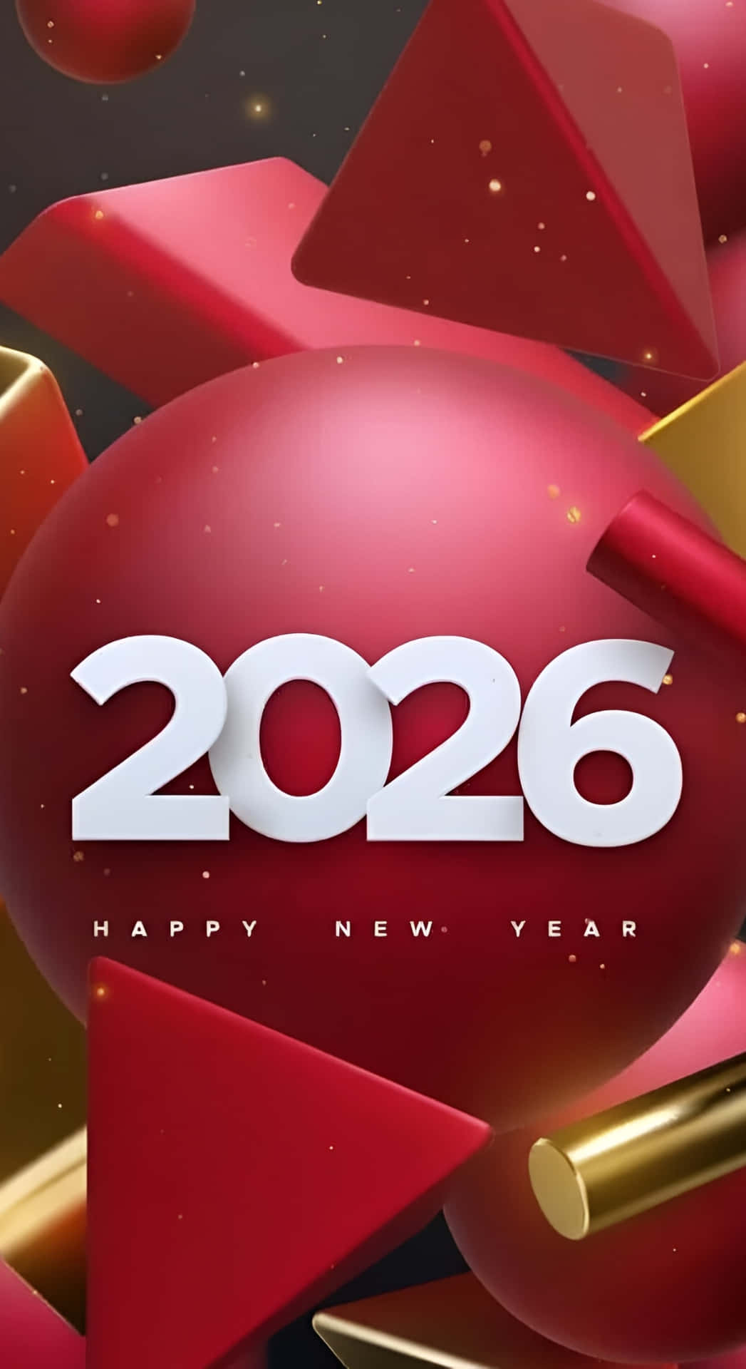  壁紙 — 一個大膽的3D渲染紅色球體，帶有白色2026文字，周圍環繞著幾何紅色和金色形狀，背景為深色星空。