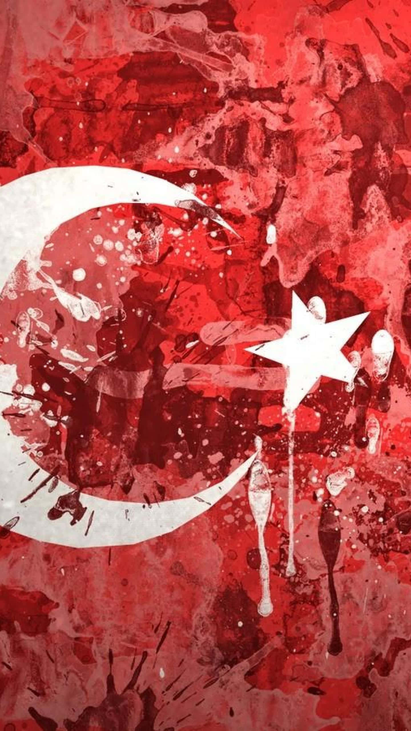 Turkish 桌布 壁紙 — 一件大膽的抽象藝術作品，在帶有紋理的紅色背景上呈現白色新月和星星，並帶有飛濺和滴落效果。