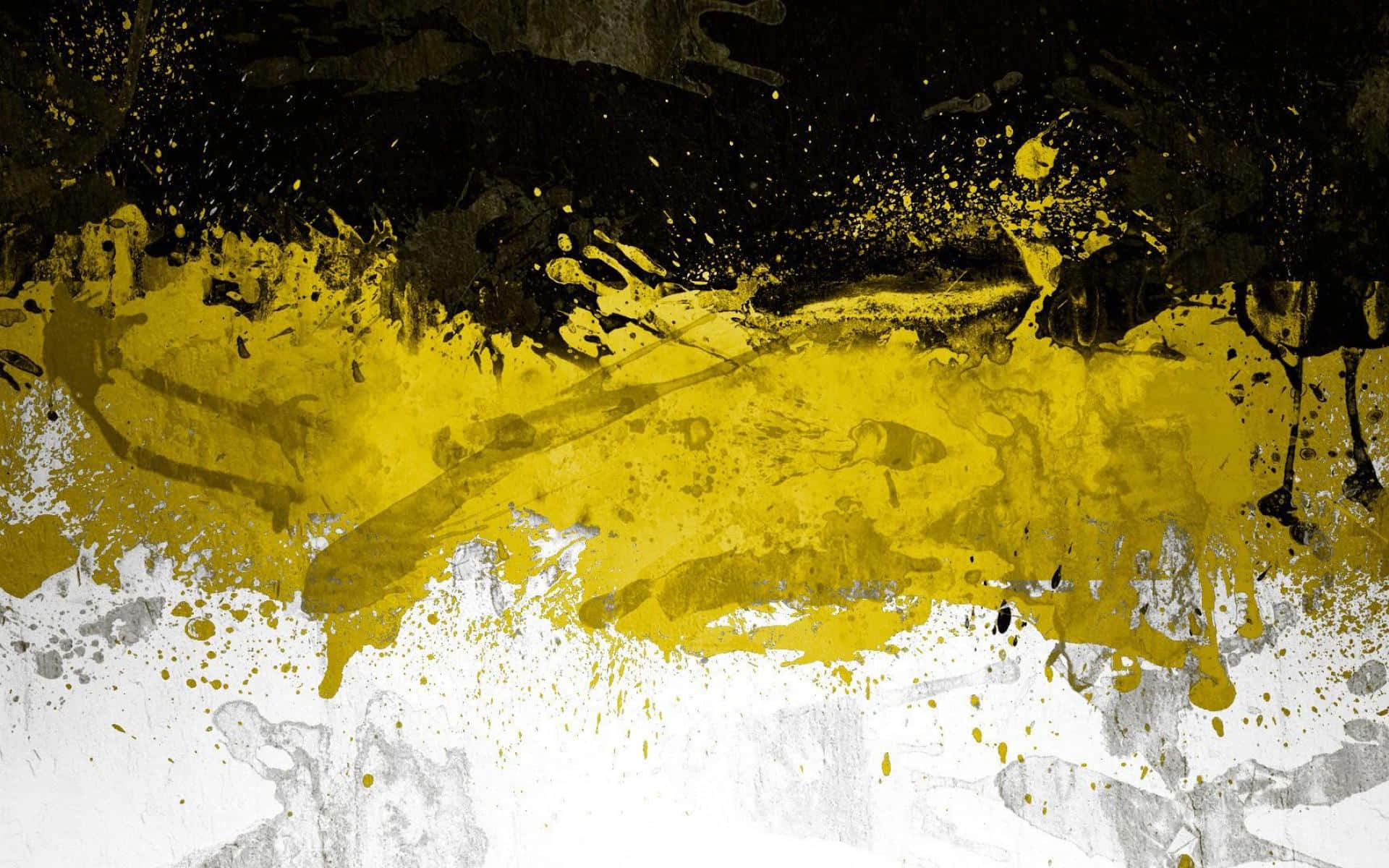 Yellow Painting 桌布 壁紙 — 大膽的抽象藝術作品，帶有動態的黑色、黃色和白色油漆飛濺和紋理筆觸。