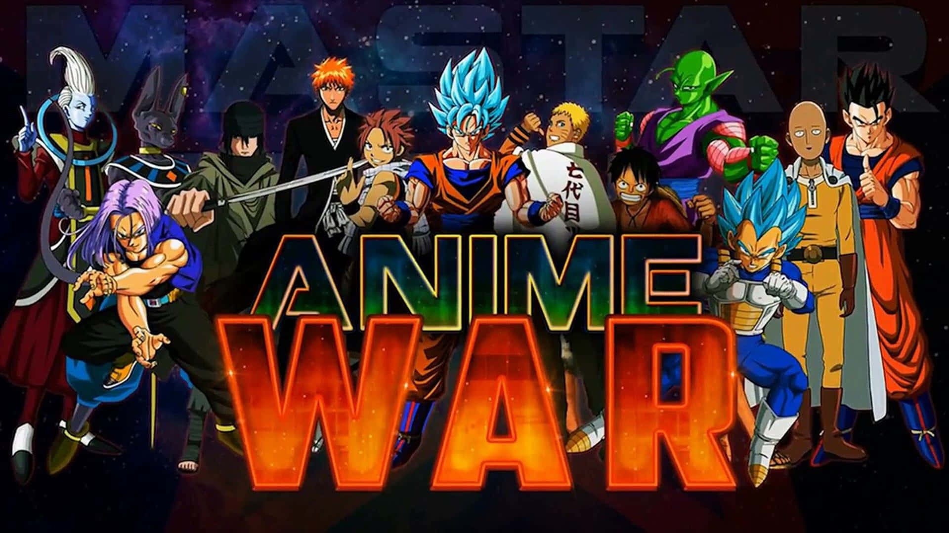  壁紙 — 大膽的動漫戰士英雄地站在發光的「ANIME WAR」文字後面，背景是宇宙星空。