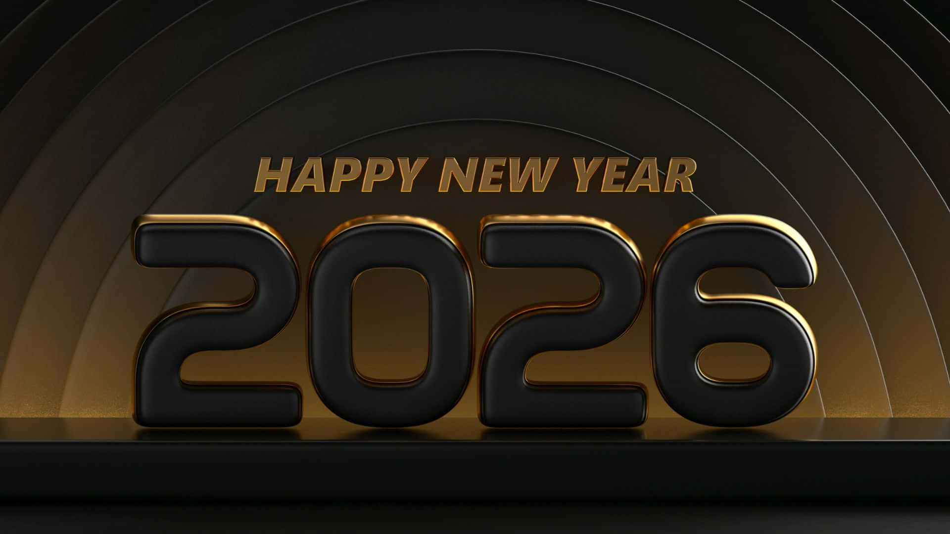  壁紙 — 粗體黑色和金色3D文字「HAPPY NEW YEAR 2026」，背景為深色彎曲，帶有發光高光。
