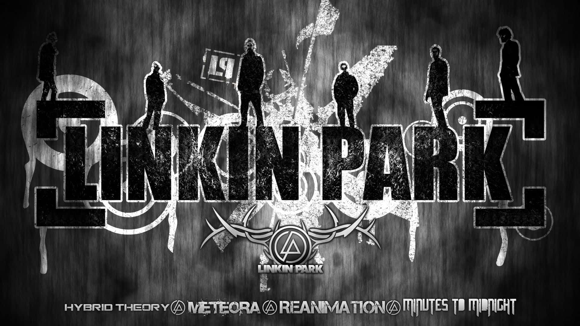  壁紙 — 大膽的黑白圖形藝術，以剪影人物位於風格化文字之上，拼出 Linkin Park，下方有專輯標題。