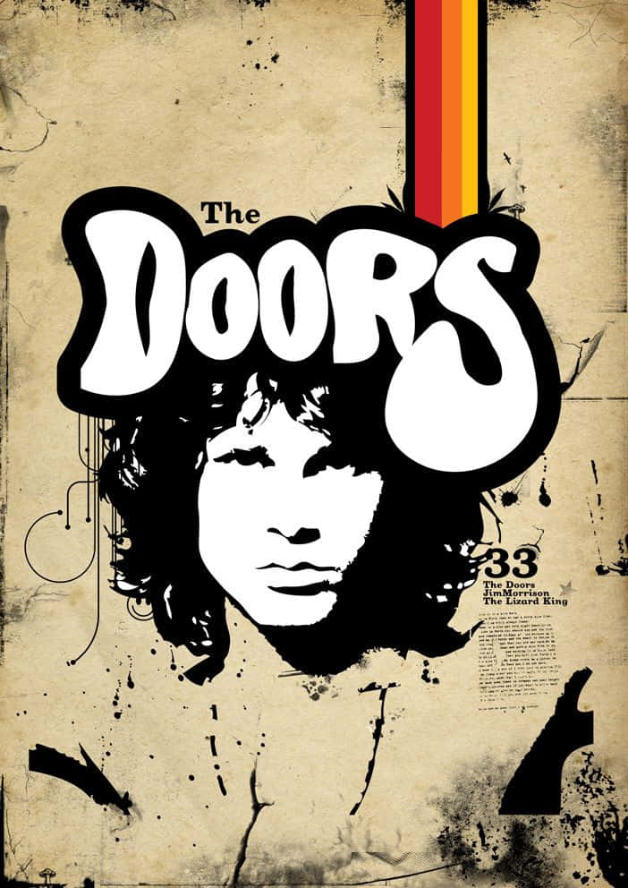  壁紙 — 大膽的黑白圖像，呈現占·莫里森的頭像在『The Doors』標誌下方，並有一條垂直彩虹條紋在陳舊的紋理紙上。