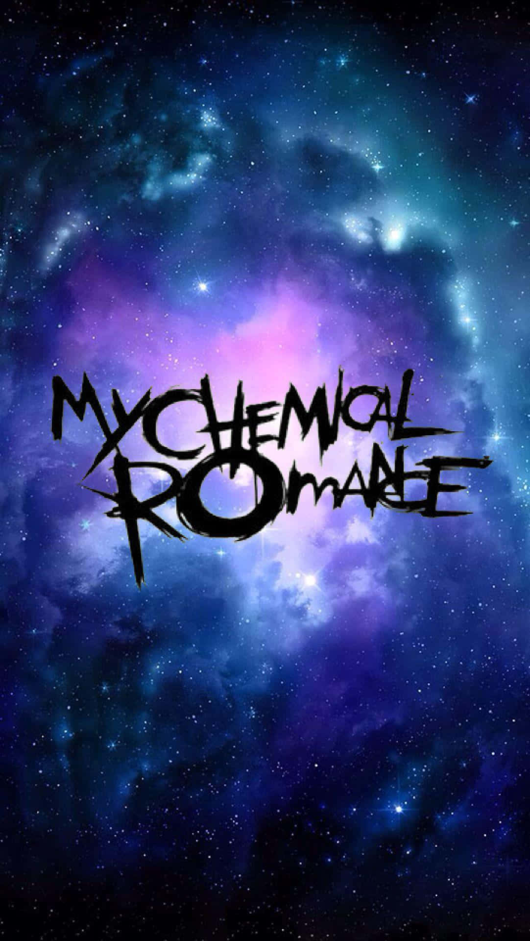 My Chemical Romance 樂隊標誌在色彩繽紛的星空背景上