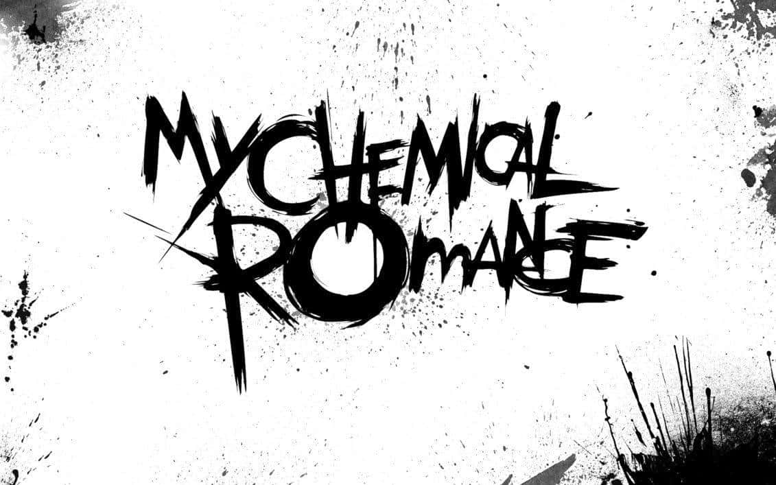 My Chemical Romance 樂隊標誌以粗體黑色塗鴉字體呈現在白色飛濺背景上。