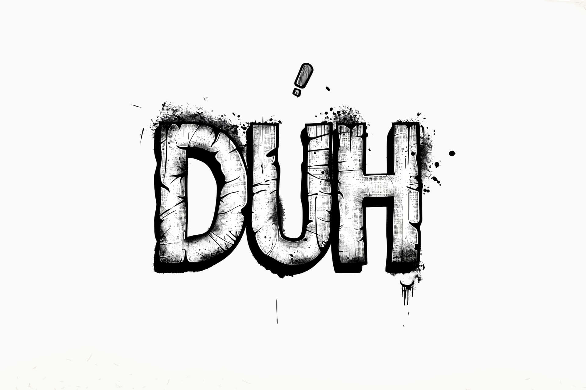  壁紙 — 大膽的黑色塗鴉風格字母在純白背景上拼出「DUH」，帶有飛濺效果和一個漂浮的感嘆號。