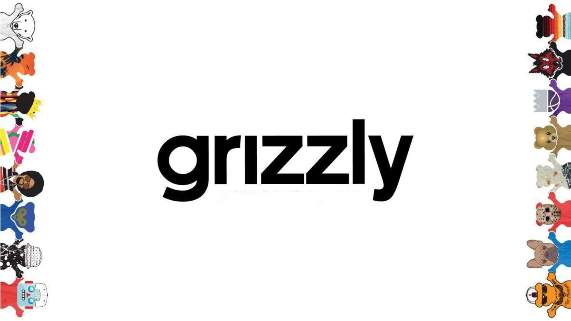  壁紙 — 粗體黑色 'grizzly' 文字居中，兩側排列著色彩繽紛的卡通動物角色，背景為白色。