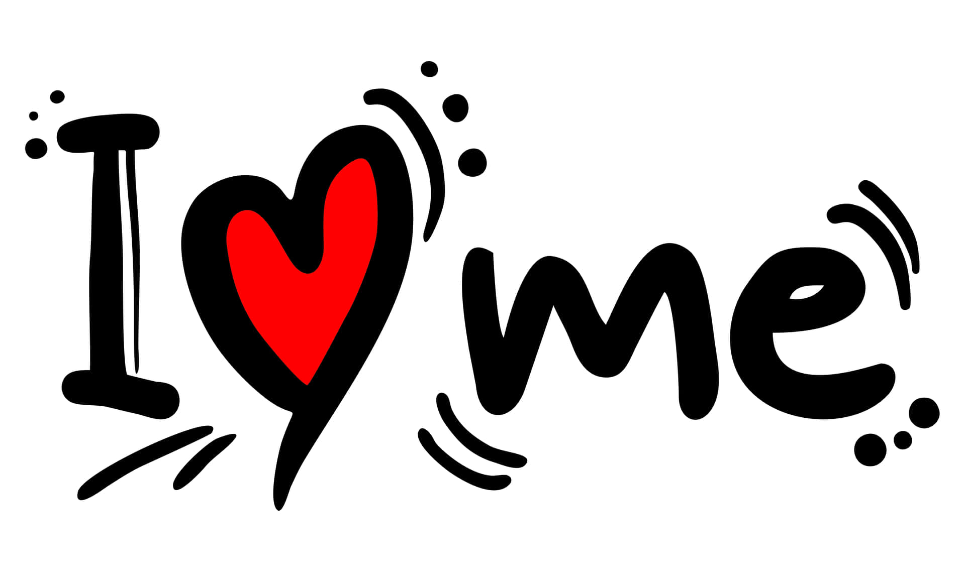  壁紙 — 白色背景上，粗體黑色手寫文字「I ❤️ me」，配以紅色心形和俏皮圓點。
