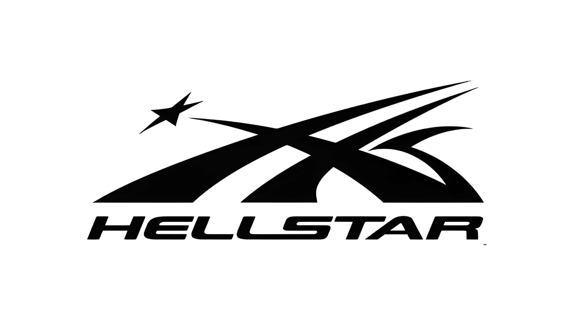  壁紙 — 白色背景上帶有風格化星星和動感線條的醒目黑色Hellstar標誌。