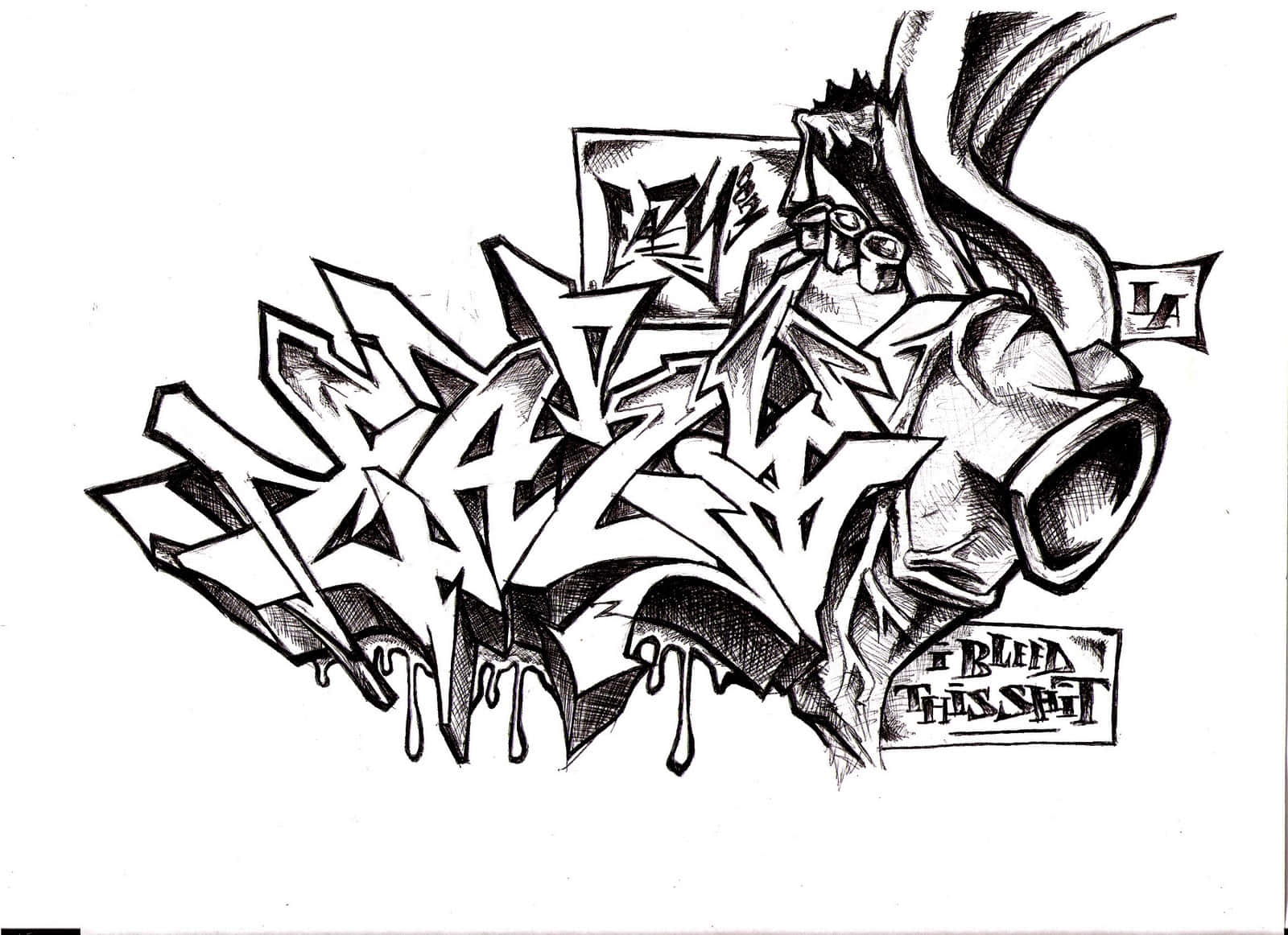 Black And White Graffiti 桌布 壁紙 — 白色背景上帶有滴落效果和3D立體字母的粗體黑色墨水塗鴉標籤。