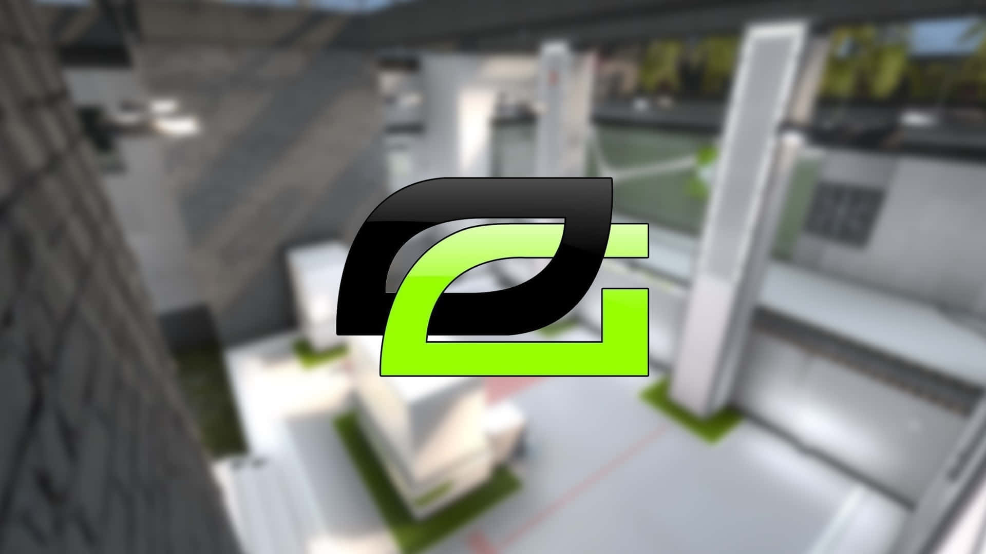 Optic Gaming 桌布 壁紙 — 一個大膽的黑色和螢光綠色風格化標誌主導了模糊的未來城市屋頂場景。