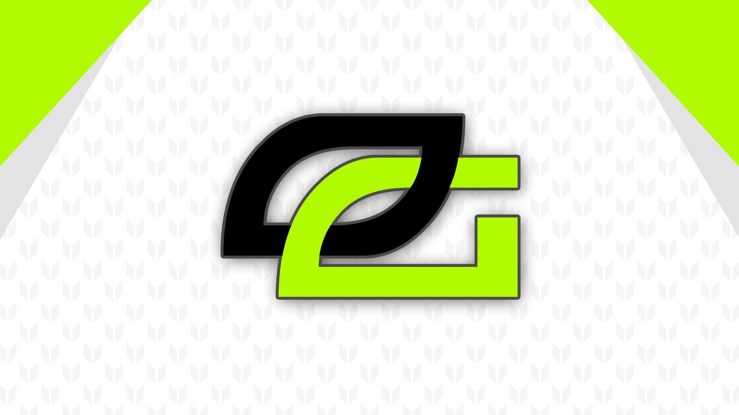 Optic Gaming 桌布 壁紙 — 一個大膽的黑色和螢光綠色風格標誌，居中於白色背景上，帶有微妙的葉子圖案和青檸綠色對角線點綴。