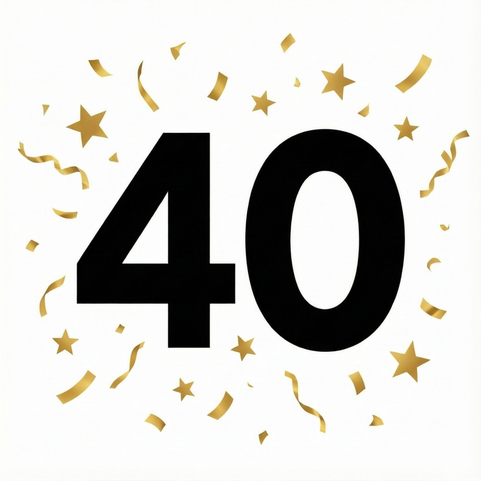Minimalist 40 Confetti 壁紙 — 粗體黑色數字四十被金色星星和彩帶環繞在潔白背景上。