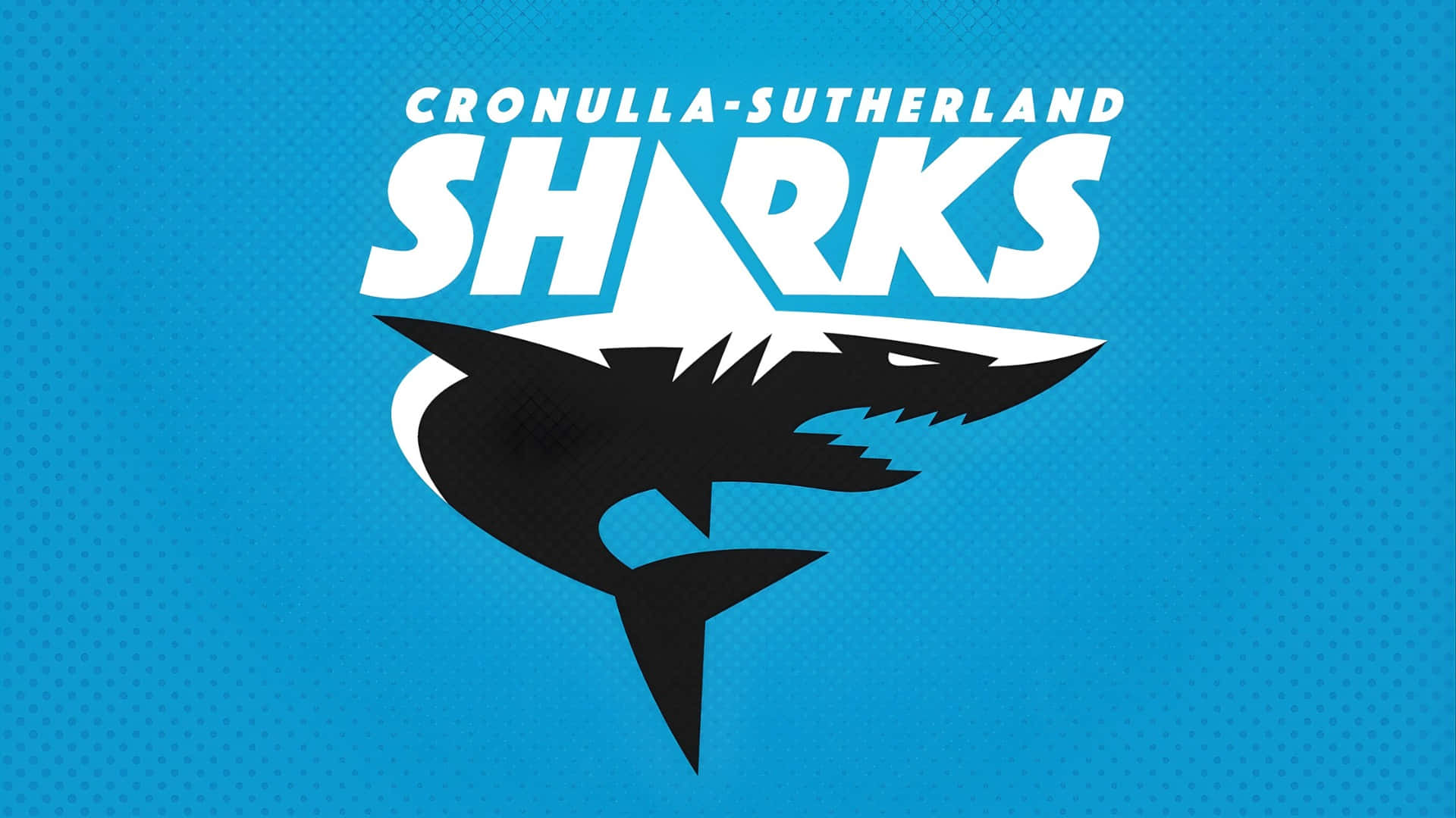  壁紙 — 大膽的黑色鯊魚標誌，白色文字寫著 Cronulla-Sutherland Sharks，背景是充滿活力的藍色圓點。