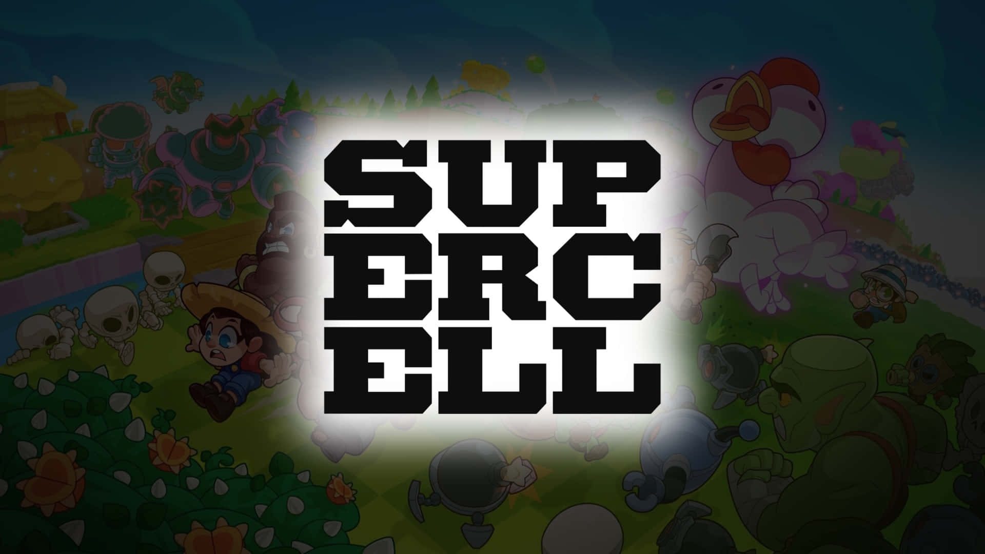  壁紙 — 大膽的黑色Supercell標誌在色彩繽紛的卡通遊戲場景中發光，場景中有角色和植物。