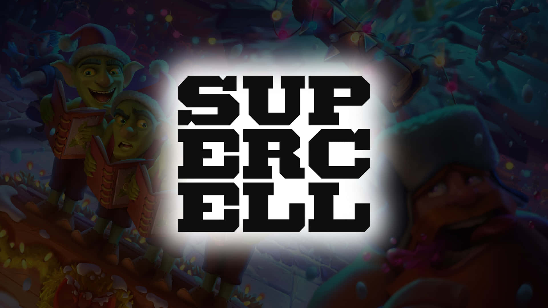  壁紙 — 大膽的黑色Supercell標誌在節日卡通冬季場景中發光，場景中有精靈和雪。