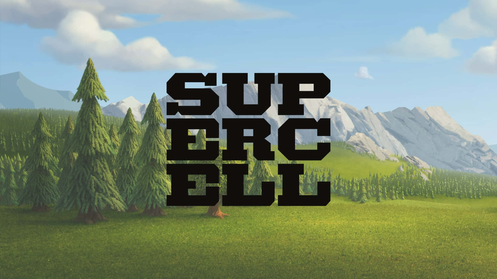  壁紙 — 大膽的黑色Supercell標誌矗立在藍天下的一片翠綠田野中，田野裡有松樹和遠處的雪山。