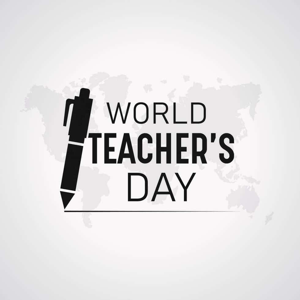  壁紙 — 粗體黑色文字寫著World Teacher's Day，旁邊有一個筆圖標，位於淺灰色背景上模糊的世界地圖之上。