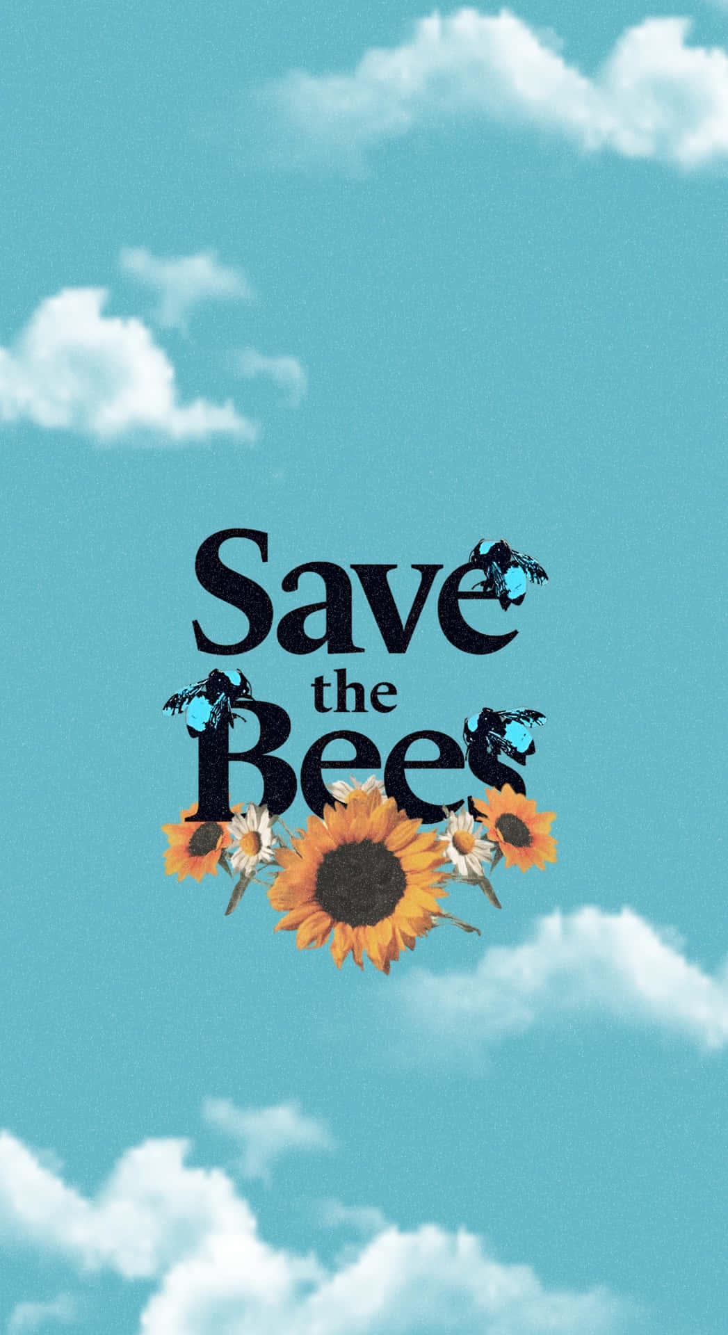  壁紙 — 粗體黑色文字「Save the Bees」漂浮在向日葵和蜜蜂上方，背景是明亮的藍天和蓬鬆的白雲。