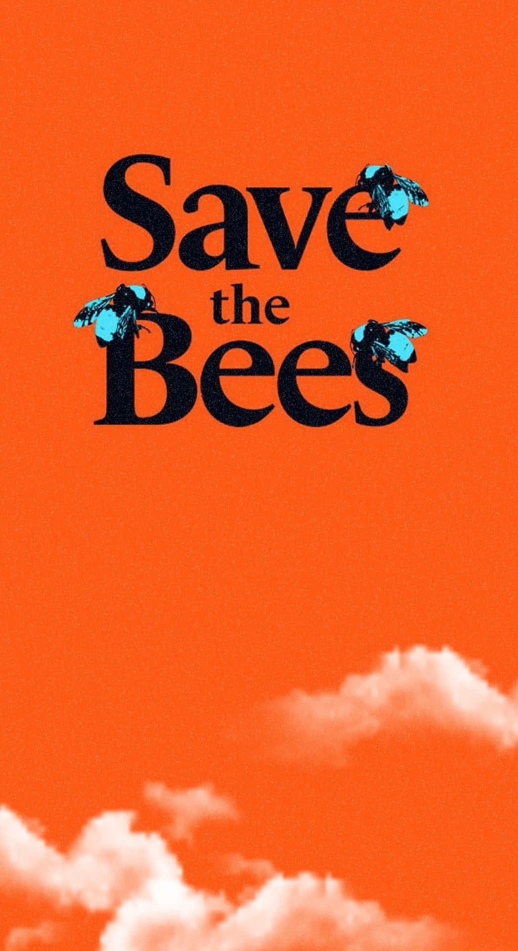  壁紙 — 鮮豔橙色天空與白雲背景下，粗體黑色文字「Save the Bees」，三隻藍色蜜蜂棲息在字母上。