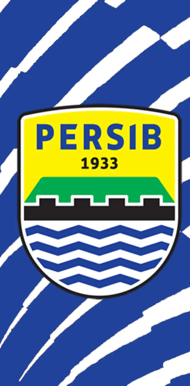  壁紙 — 大膽的藍白斜紋框住中央的黃色盾牌，盾牌上有「PERSIB 1933」字樣及藍色波浪上的綠色城堡。