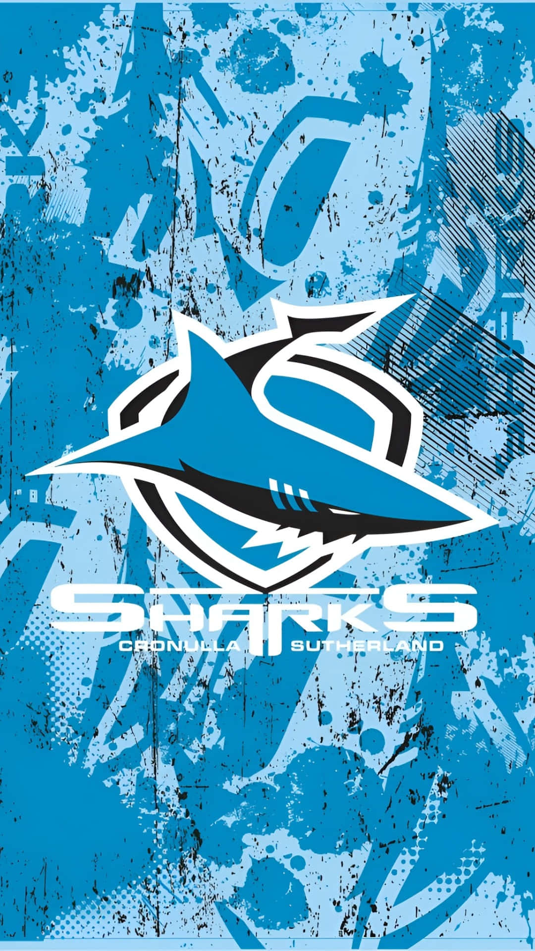  壁紙 — 一個大膽的藍白鯊魚標誌，帶有「SHARKS」文字，置於粗糙紋理背景上。