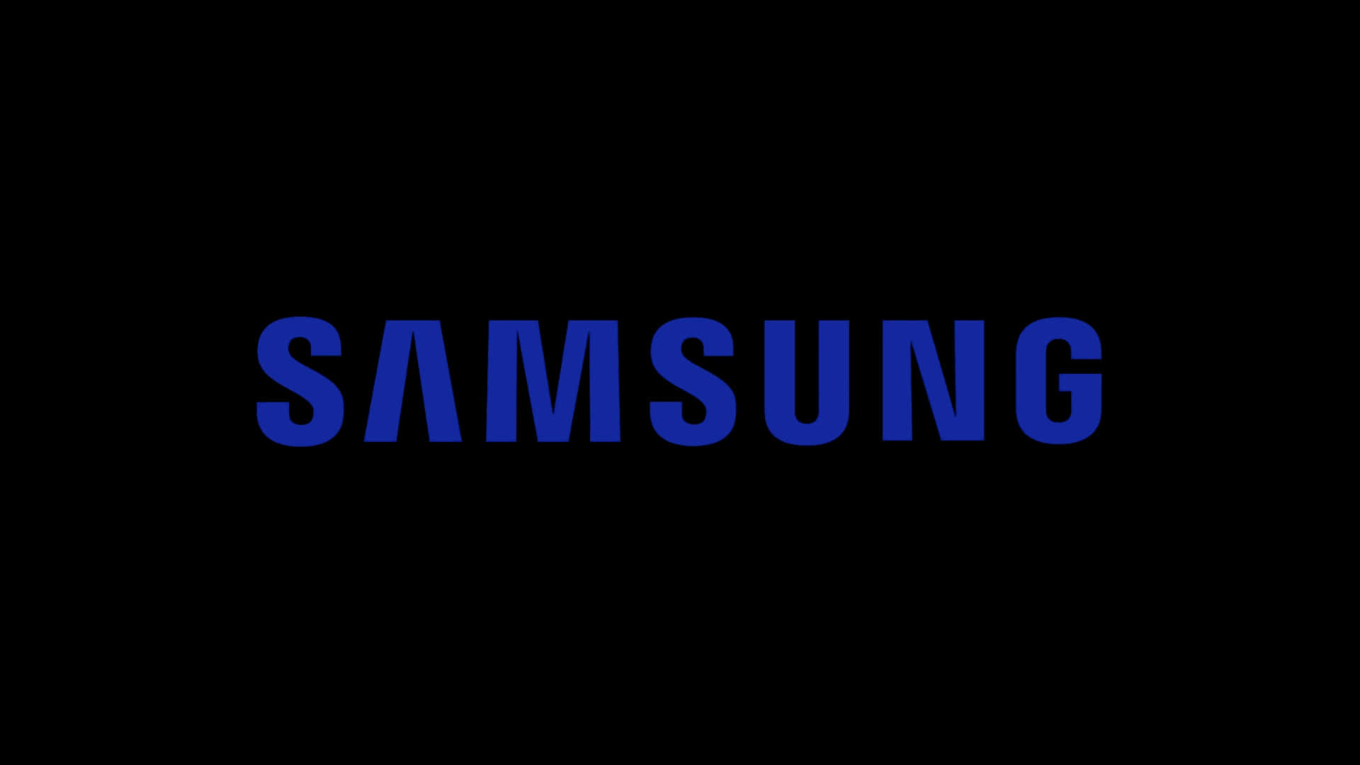  壁紙 — 大膽的藍色 Samsung 標誌居中於純黑色背景上，搭配簡潔現代的字體設計。