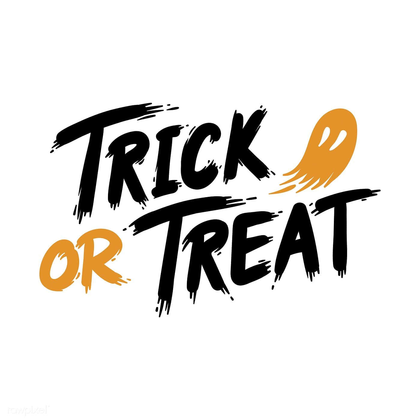 Trick or treat 萬聖節文字搭配橙色幽靈圖示。
