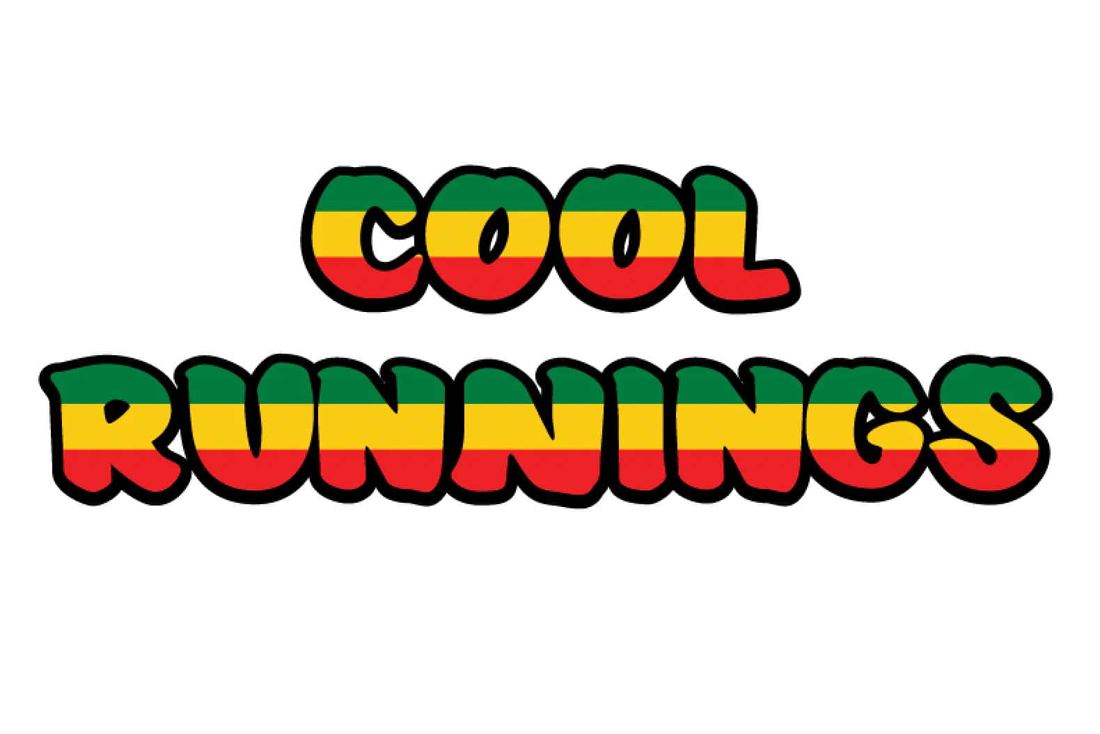  壁紙 — 大膽卡通風格文字，寫有「COOL RUNNINGS」，以紅、黃、綠條紋填充，背景為純白色。
