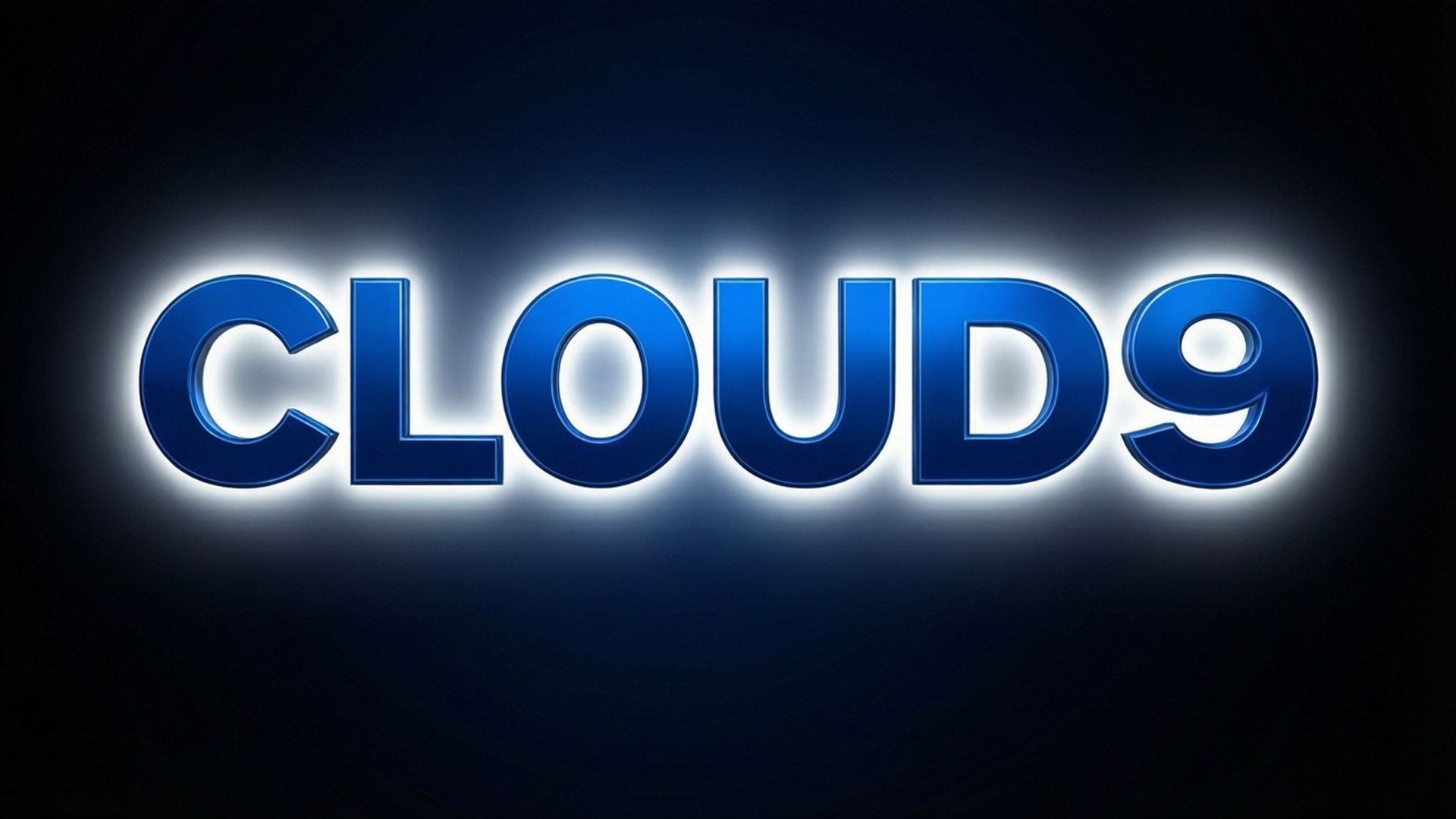 發光的藍色 'CLOUD9' 文字，帶有白色光暈，在深色背景上