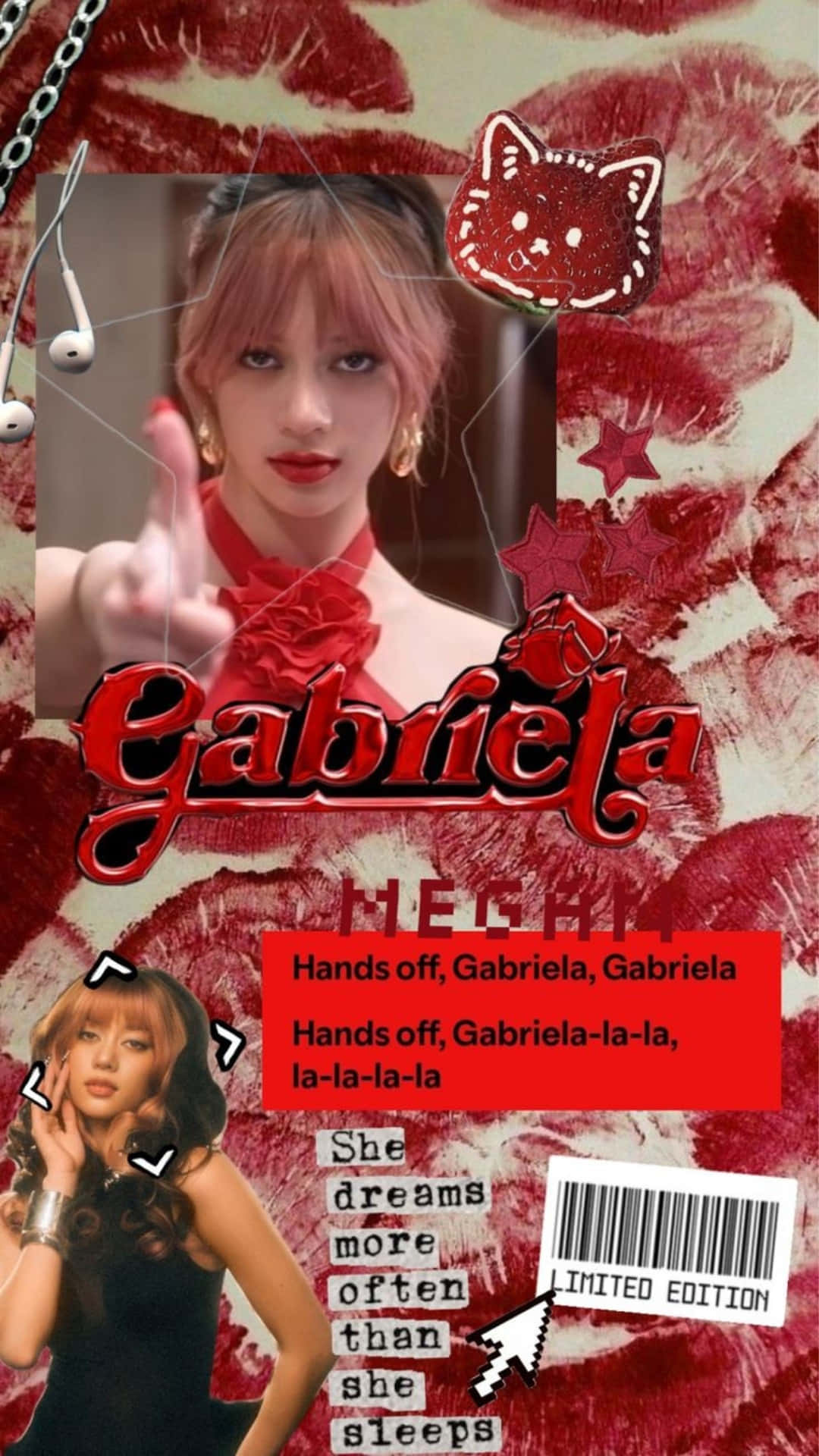  壁紙 — 大膽的拼貼畫，背景有紅色唇印，兩位女性，帶有「Gabriela」文字和流行文化元素。