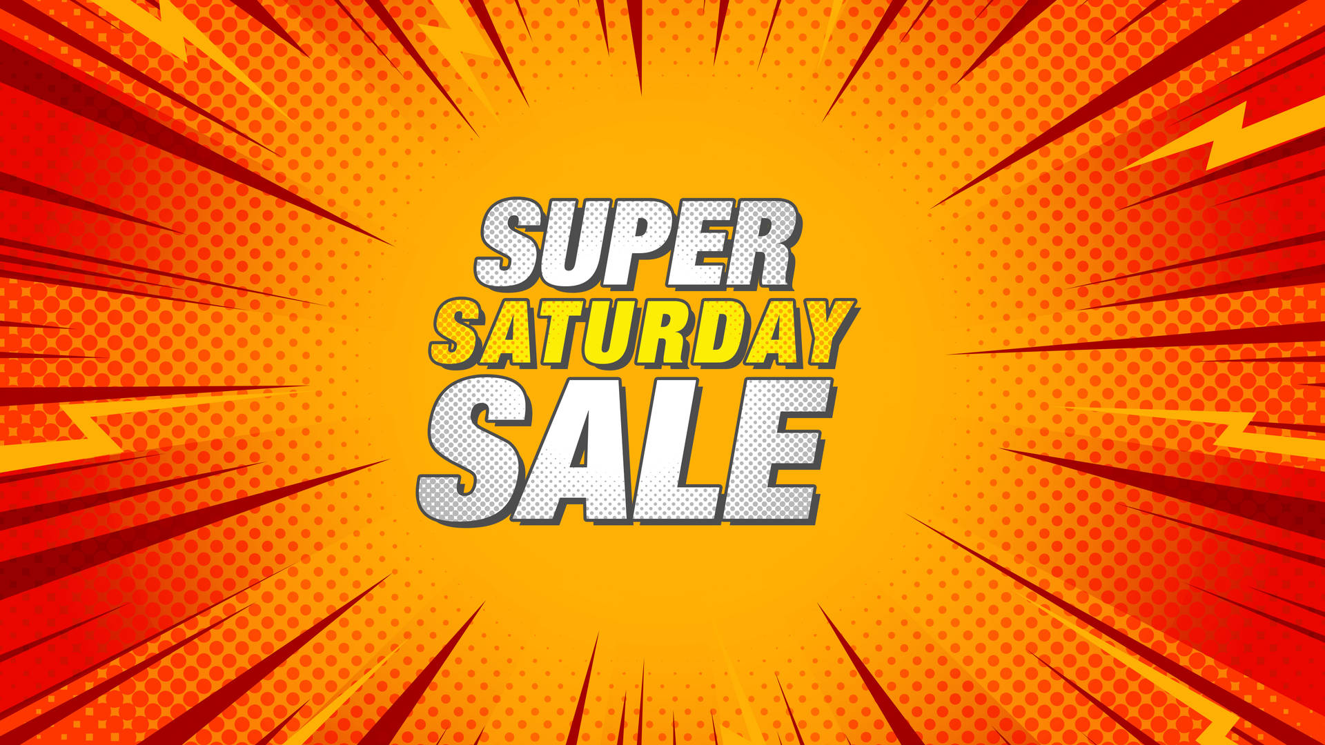 在動態橙紅色背景上，帶有閃電的大膽漫畫風格 Super Saturday Sale 文字。
