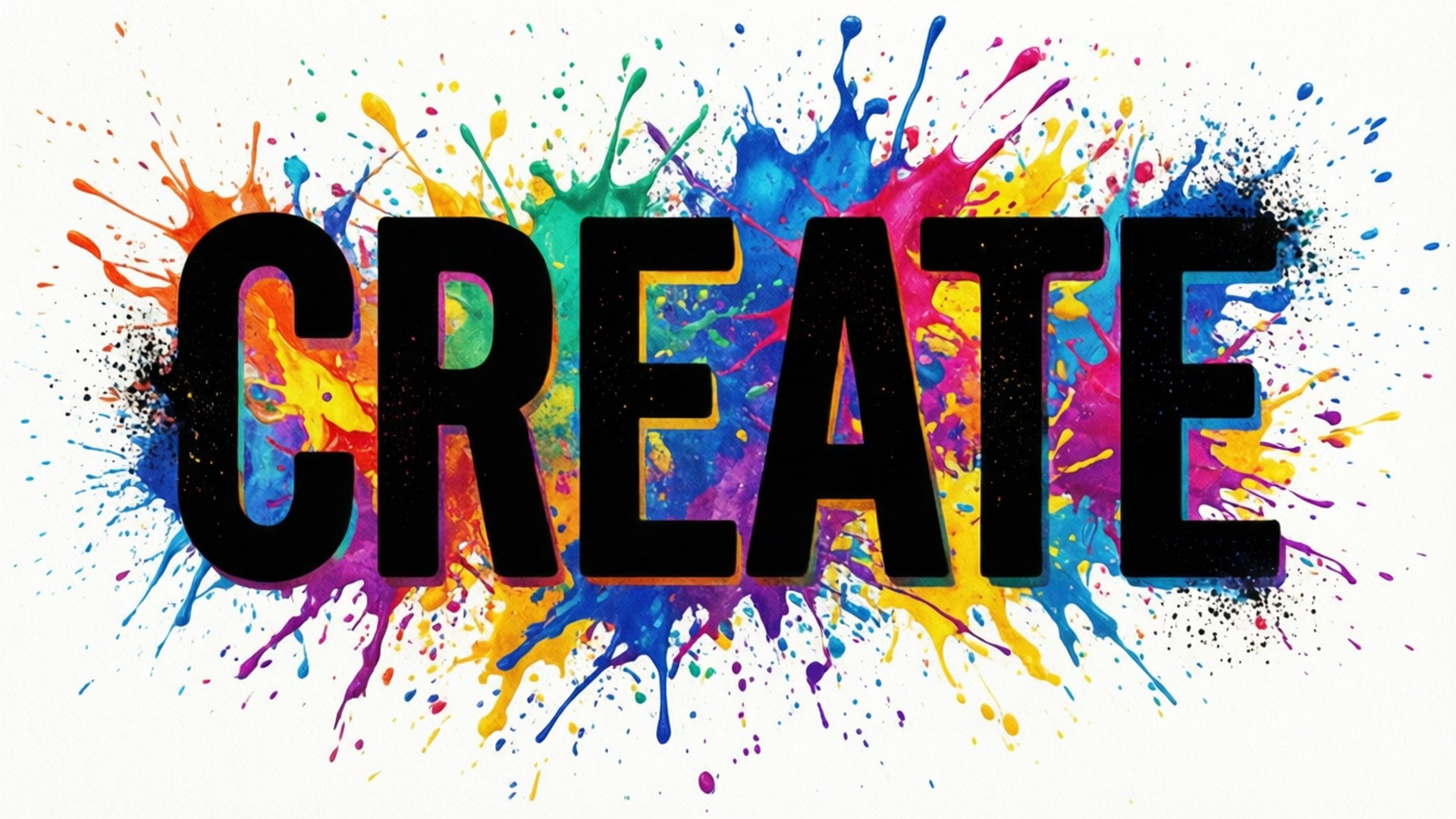 白色背景上被彩色油漆飛濺包圍的粗體黑色字母 CREATE