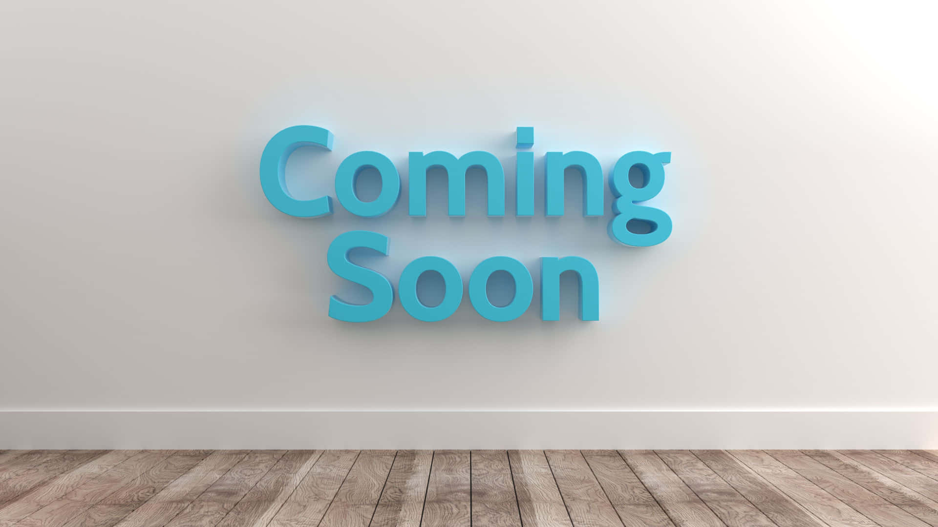 青色3D字母在白色牆壁和木地板上寫著 'Coming Soon'。