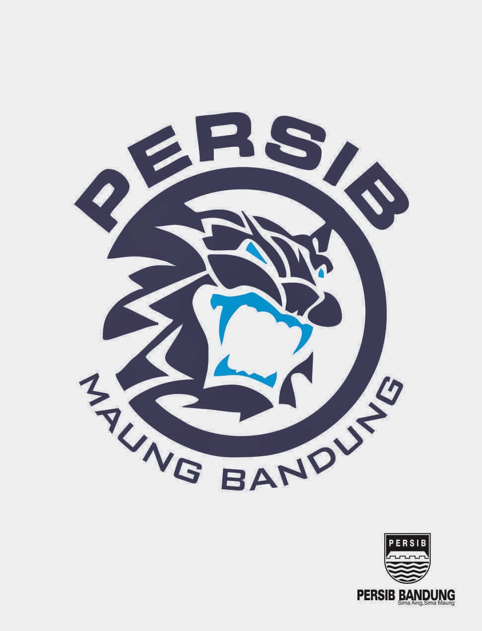  壁紙 — 一個大膽的深藍色和青色風格化虎頭標誌，帶有 'PERSIB MAUNG BANDUNG' 文字，採用圓形設計，背景為淺灰色。
