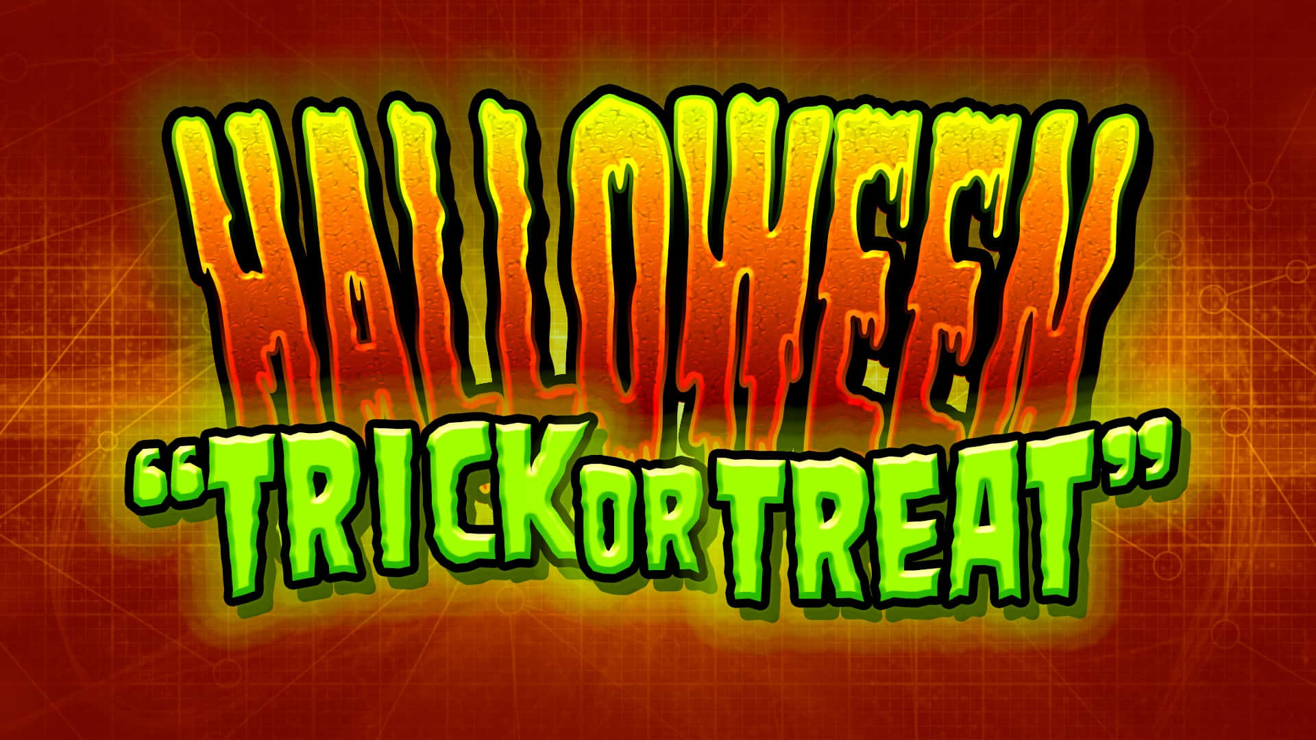 發光綠色和橙色的萬聖節 trick or treat 文字，帶有滴落效果。