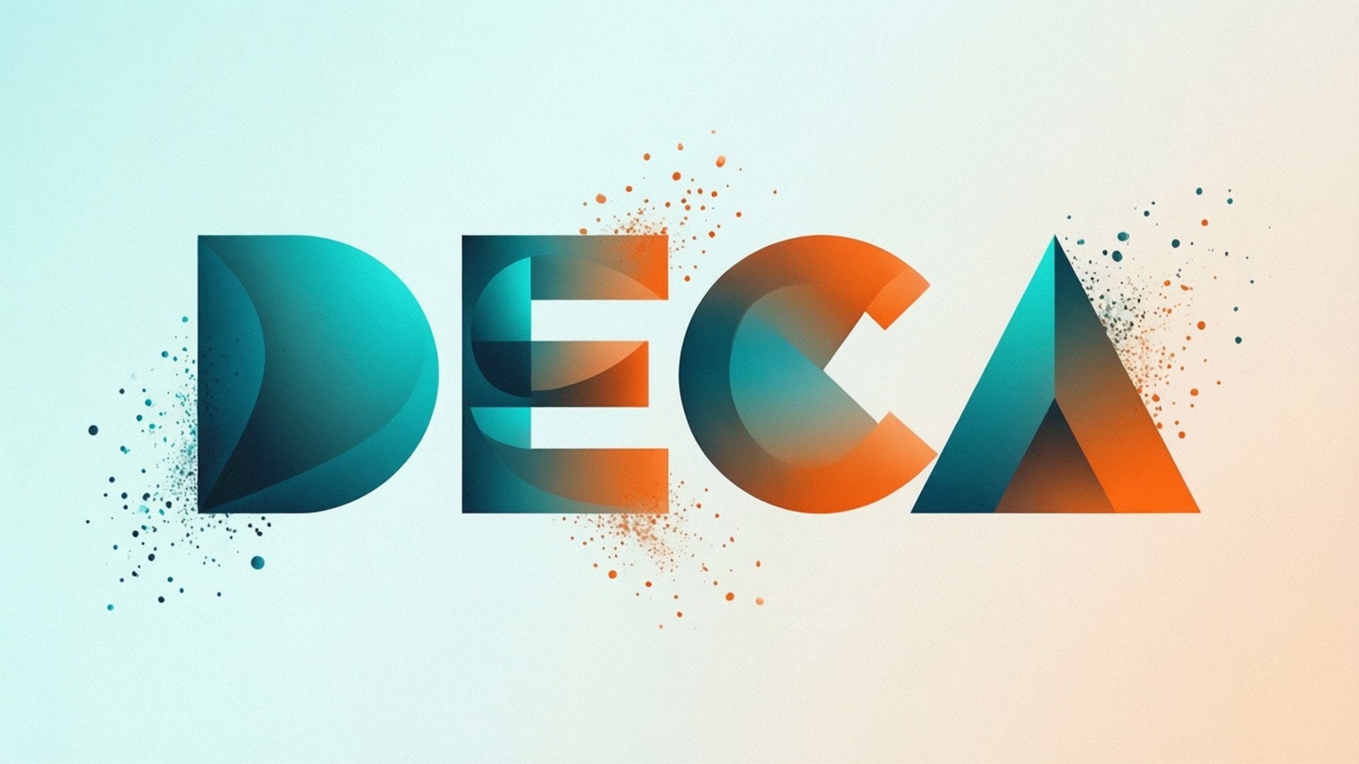 在漸變背景上，字母中迸發出彩色粒子的時尚DECA文字