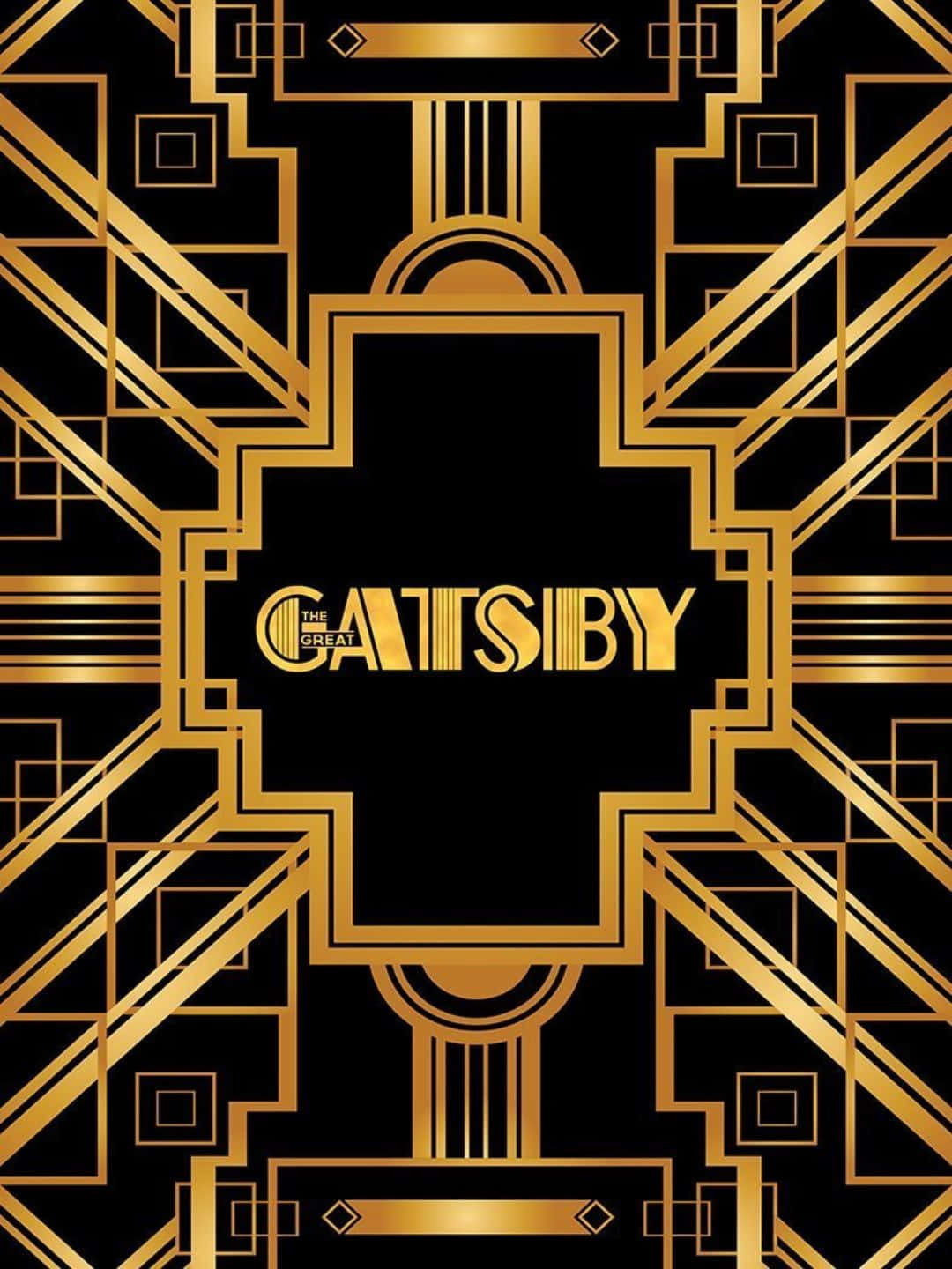  壁紙 — 大膽的金色裝飾藝術圖案在黑色背景上框住標題「The Great Gatsby」。