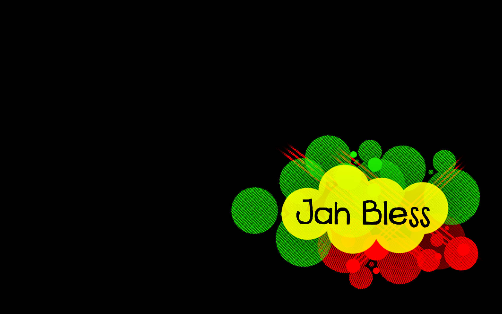 圖形設計，黃色雲朵上帶有「Jah Bless」文字，周圍環繞綠色和紅色圓圈。