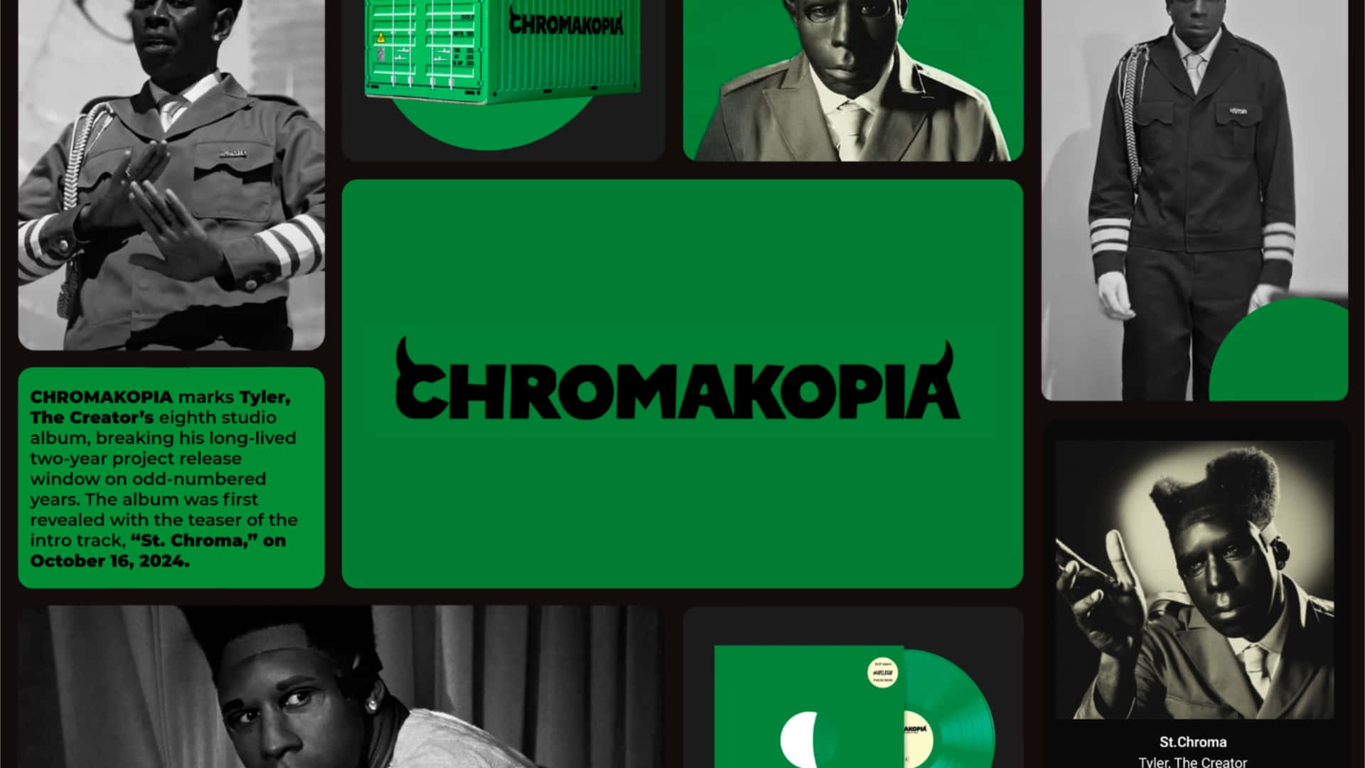  壁紙 — 大膽的綠色和黑色拼貼畫，推廣 Tyler The Creator 的專輯 Chromakopia，帶有風格化的肖像和文字。