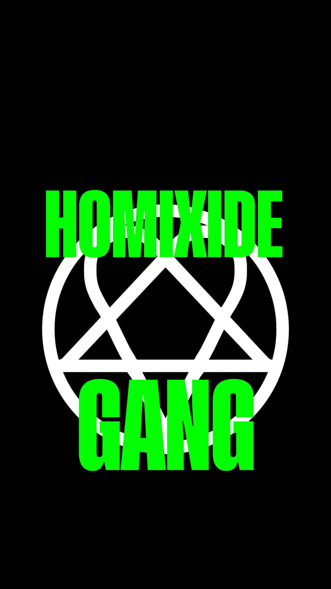  壁紙 — 粗體綠色文字「HOMICIDE GANG」位於黑色背景上的白色五角星之上。
