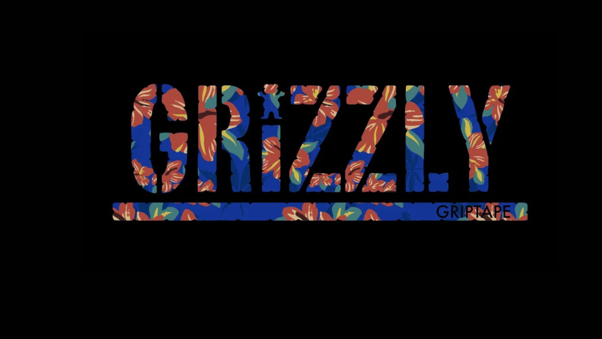  壁紙 — 黑色背景上，粗體 'GRIZZLY' 文字填滿熱帶花卉，下方有 'GRIP TAPE'。