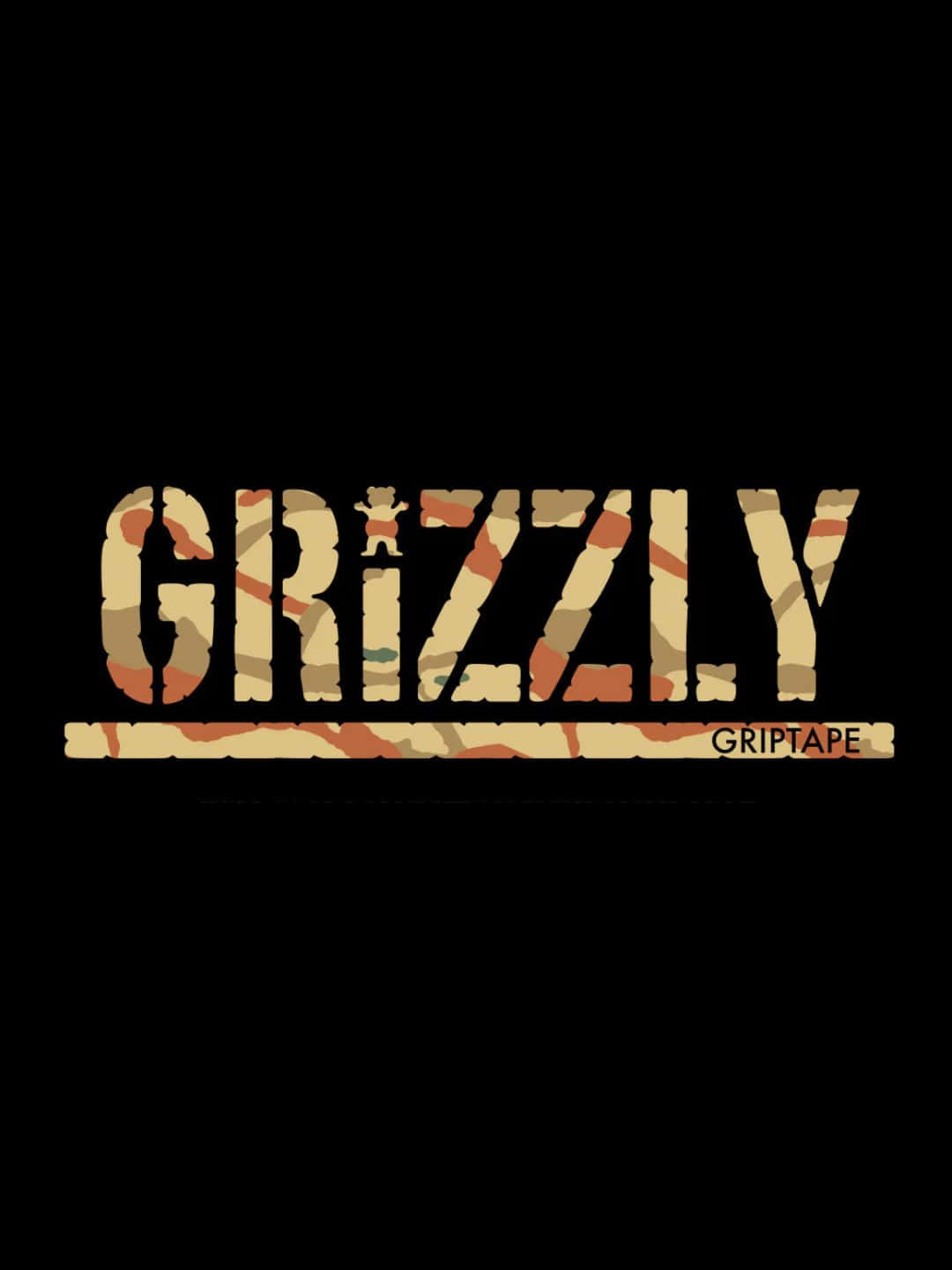  壁紙 — 黑色背景上，沙漠迷彩圖案的粗體「GRIZZLY」文字，'i'上方有細小的熊剪影，下方有「GRIP TAPE」。
